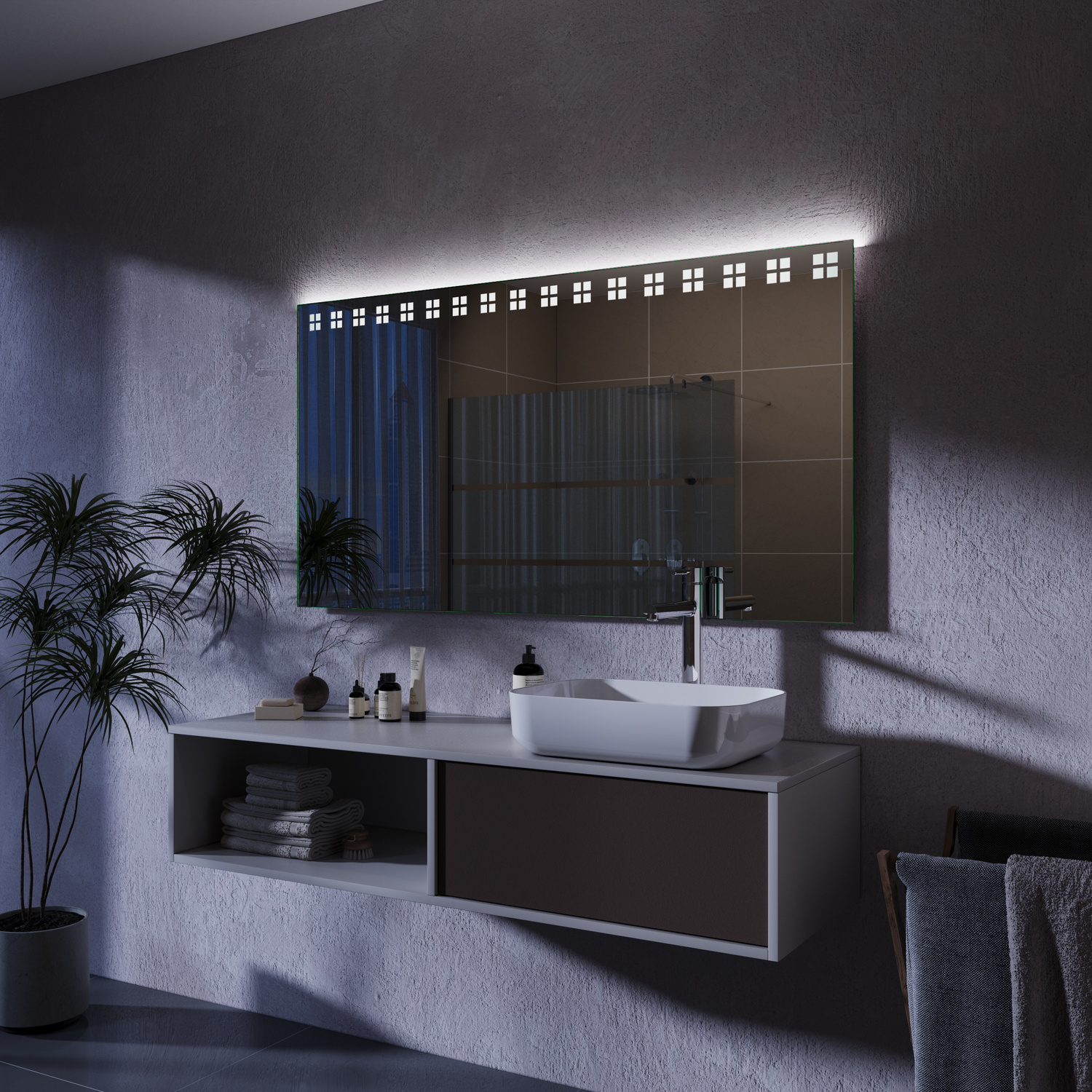 MENTON LED-Badspiegel mit eingeschalteter Beleuchtung, 1500x1500 mm, warmweißes Licht in oberen horizontalen Streifen, rahmenlos, Nachtaufnahme in dunkelblauem Licht, über zweifarbigem schwebendem Waschtisch, modernes Bad mit Betonwand