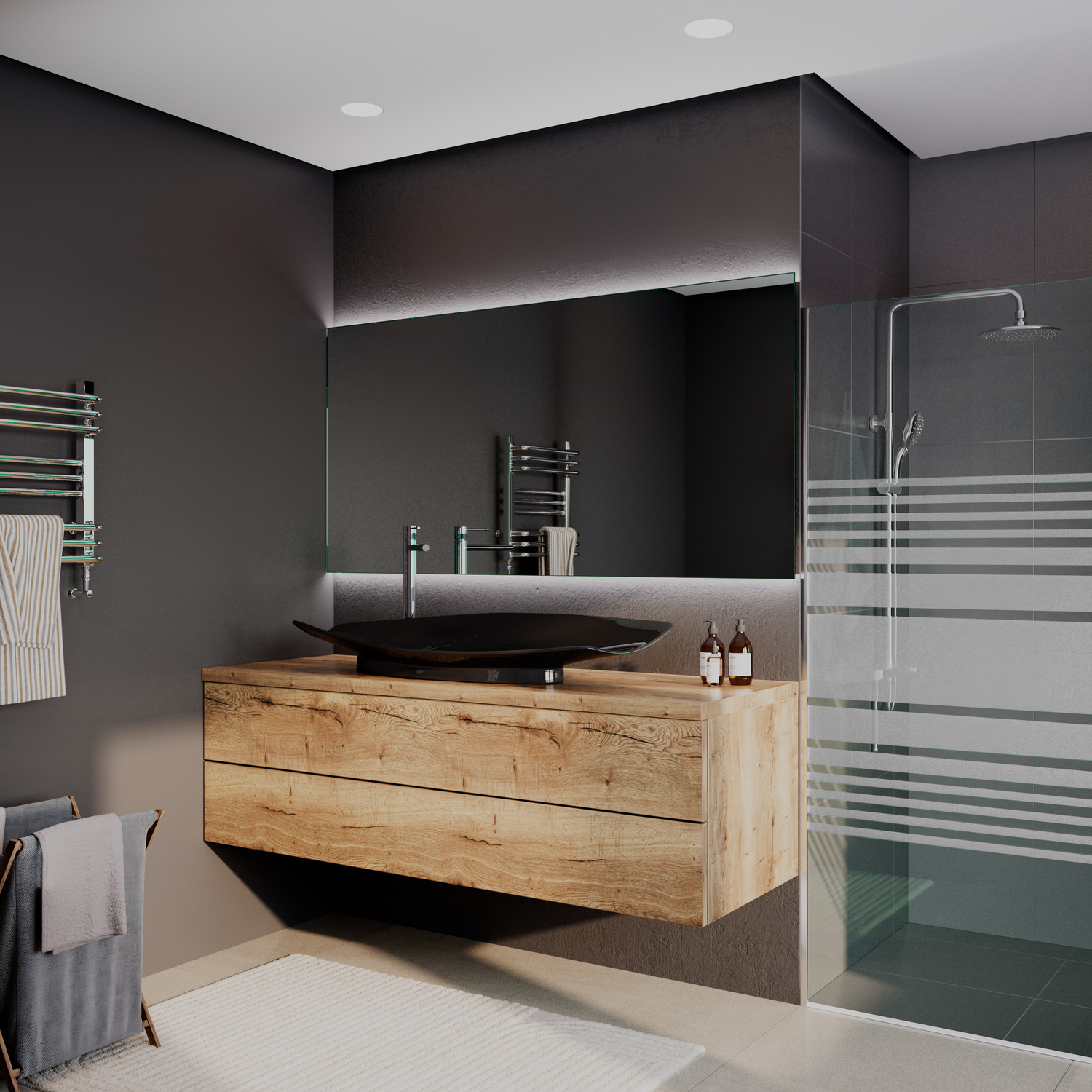 Badspiegel Modell Crozon aus seitlichem Blickwinkel mit eingeschalteter LED-Beleuchtung, über Waschtisch mit schwarzem Aufsatzbecken auf rustikaler Holzplatte in modernem Badezimmer mit Dusche.