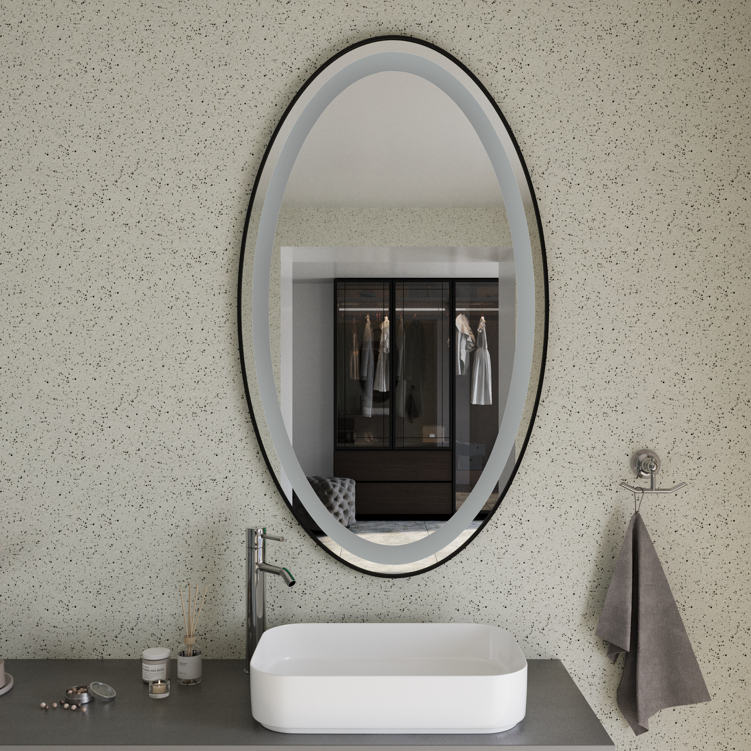 AZOR EL CloseAngle LightsOff 1500x1500 ovaler LED-Badspiegel mit schwarzem Rahmen und ausgeschalteter Beleuchtung in frontaler Nahansicht über weißem rechteckigem Aufsatzwaschbecken in modernem Badezimmer mit strukturierter WandRetry