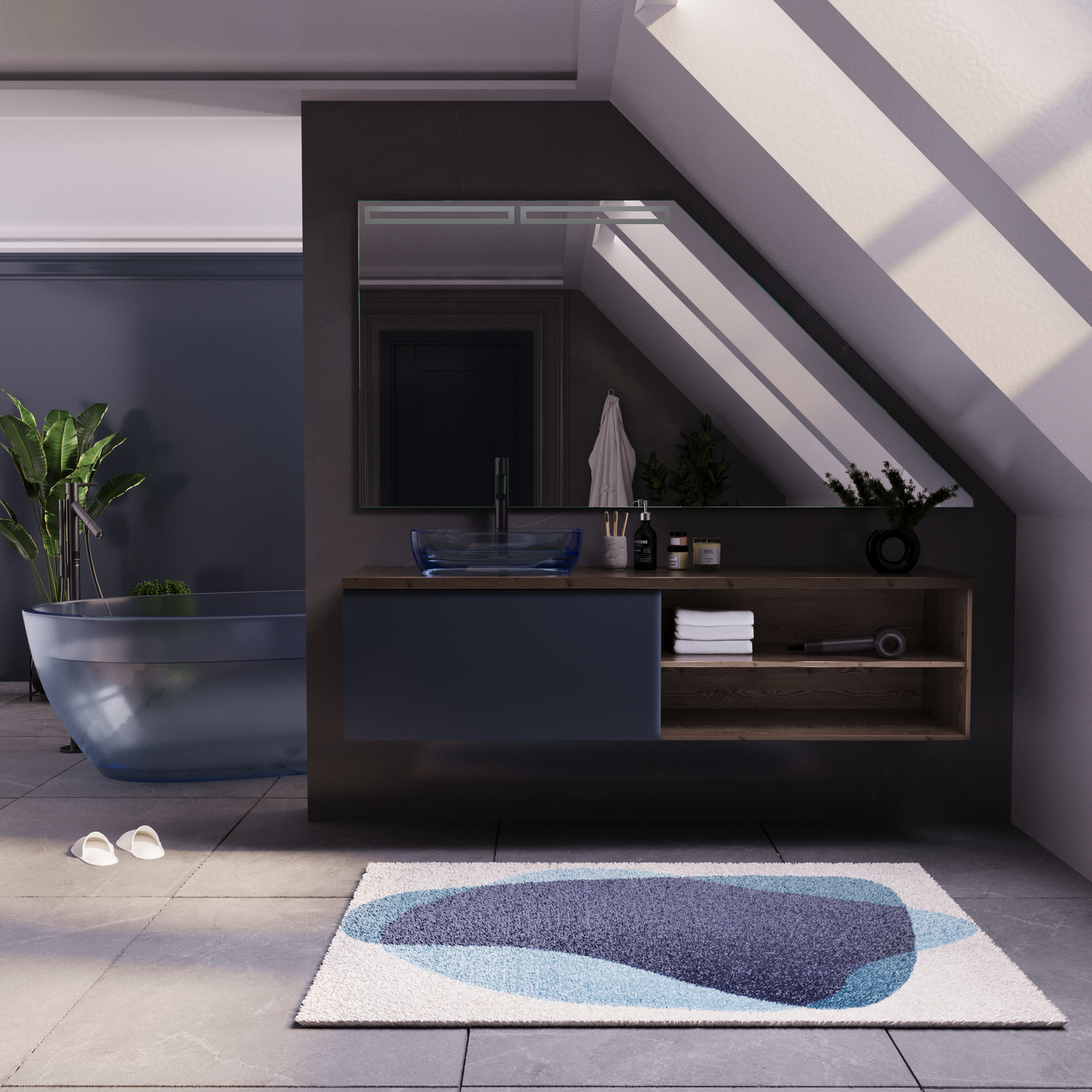 ROUBAY DS Waschtisch ausgeschaltet, 1500x1500 mm, Frontansicht von schwarzem freistehenden Designer-Waschtisch mit integriertem Becken unter Dachschräge, offene Holzregale, Dachfenster, dunkelgraue Wand, blauer Teppich, modernes Luxusbad