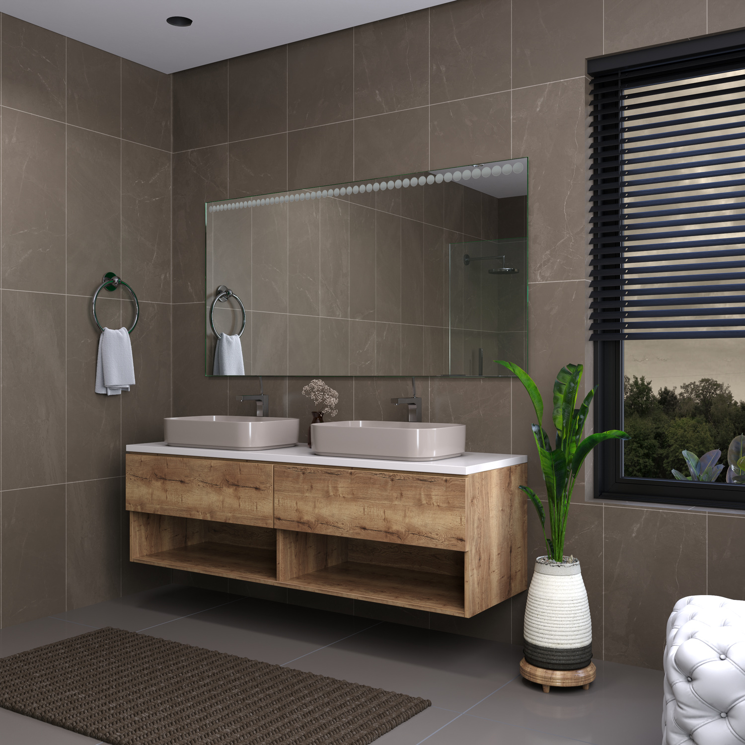 DAMVILLE rechteckiger LED-Badspiegel mit ausgeschalteter Beleuchtung, 1500x1500 mm, Seitenansicht mit breitem weißem Rahmen und LED-Punktreihe oben, über Holzwaschtisch mit offenen Regalen und weißem rechteckigem Aufsatzwaschbecken