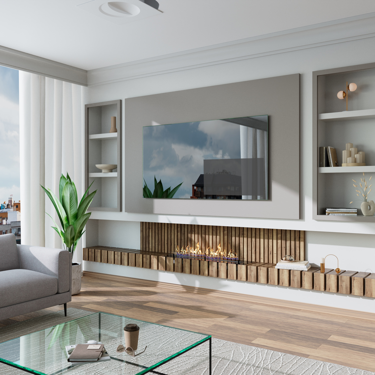 TV-Wandpaneel ausgeschaltet, 1500x1500 mm, Seitenansicht mit rechteckigem Panel ohne Beleuchtung an hellgrauer Wand, TV-Gerät aus, Holzkamin darunter, weiße Regale, große Pflanze, Glastisch mit Vase, graues Sofa, modernes helles Wohnzimmer