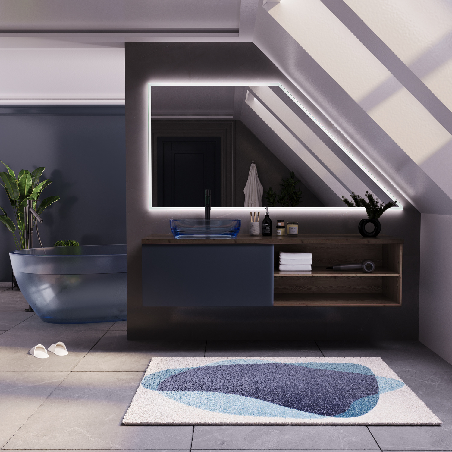 Badspiegel Sete DS15 mit eingeschalteter LED-Rahmenbeleuchtung über einem anthrazitfarbenen Waschtisch in einem modernen Dachbad mit freistehender Badewanne und DachfensterRetry