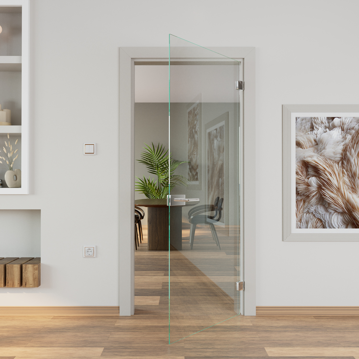 Ganzglastür Modell Claro in geöffneter Position, moderner Wohnraum mit Holzfußboden und dekorativem Wandbild im Hintergrund.