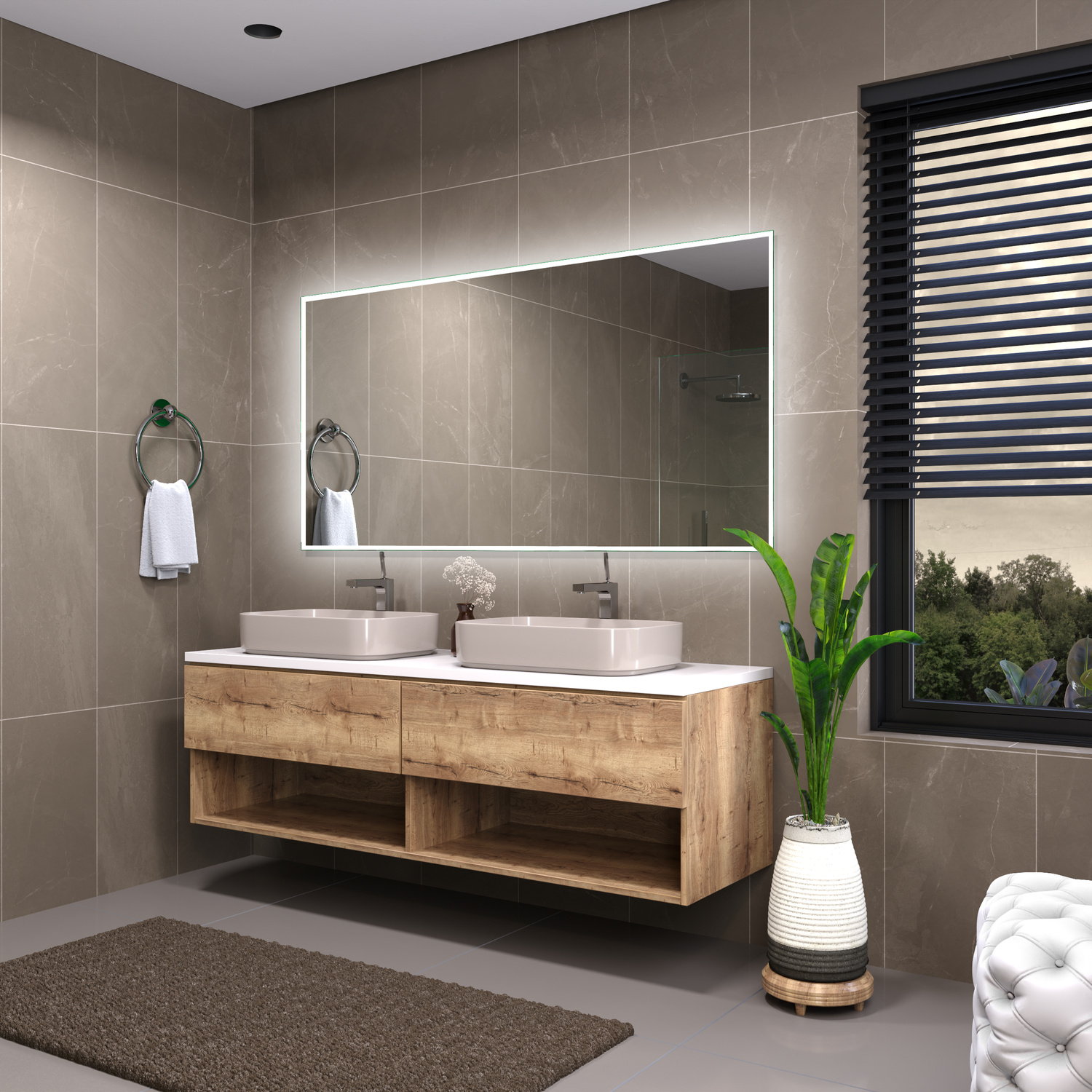 Badspiegel Modell Sete mit 15-mm-Rahmen bei eingeschaltetem Licht, frontale Produktaufnahme in 1500 × 1500 Pixel.