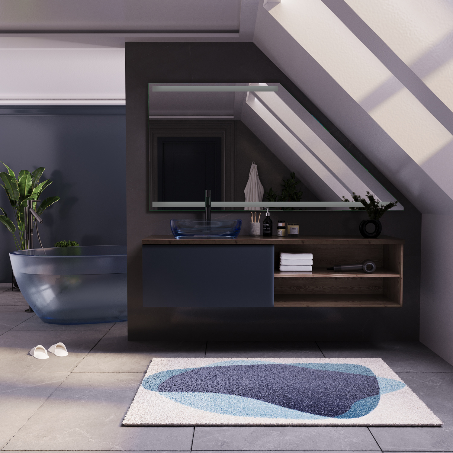 MARSEILLE DS LED-Badspiegel mit ausgeschalteter Beleuchtung in Frontalansicht, 1500x1500 mm, über schwarzem mattem Waschtisch mit dunklem Aufsatzwaschbecken, modernes Dachgeschossbad mit Dachfenster, freistehender Badewanne und blauem Teppich