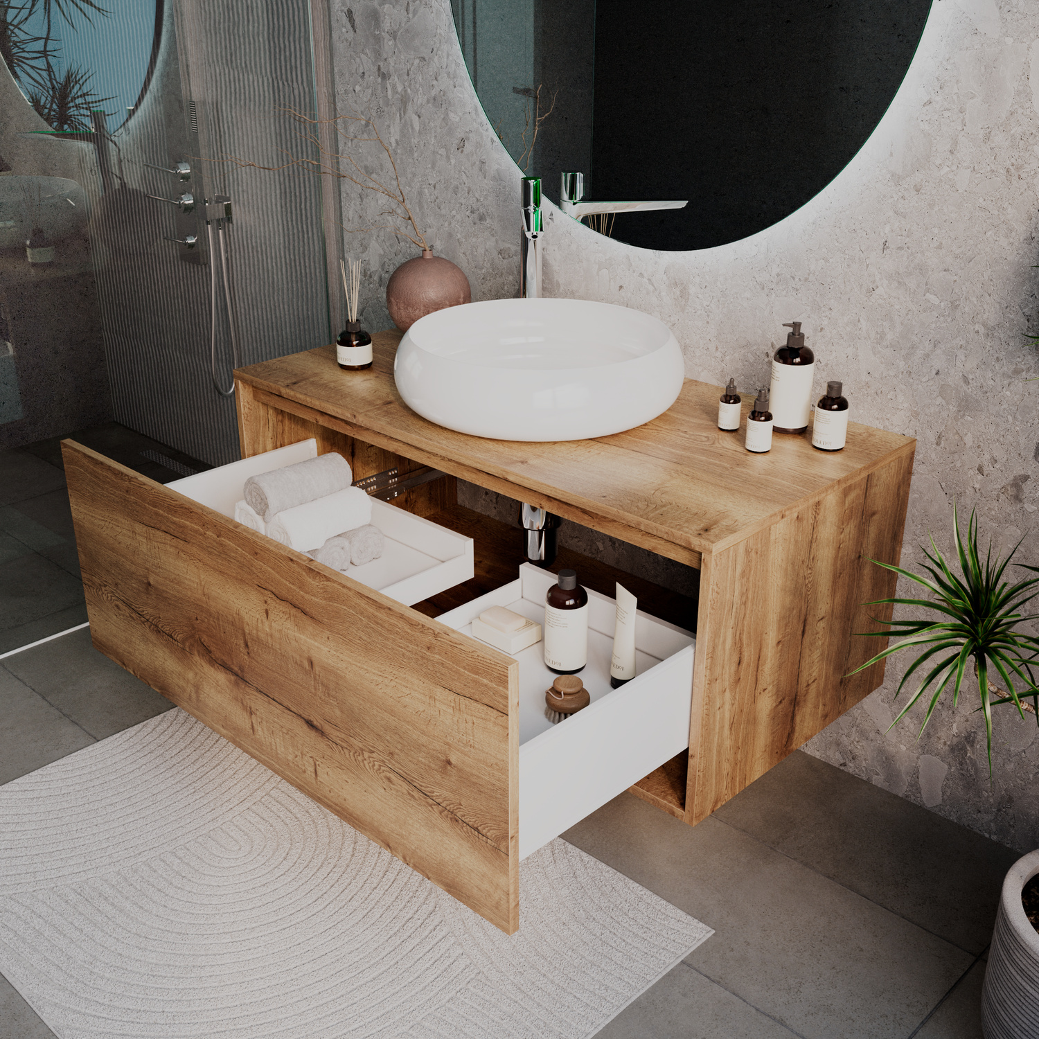 MÜNCHEN 01 rustikaler Holzwaschtisch mit geöffneter Schublade, 1500x1500 mm, massiver Eichenholz-Waschtisch mit weißem ovalem Aufsatzwaschbecken, geöffnete weiße Schublade mit Kosmetikprodukten, Industrial-Bad mit rundem schwarz-weißem LED-Spiegel und Bet