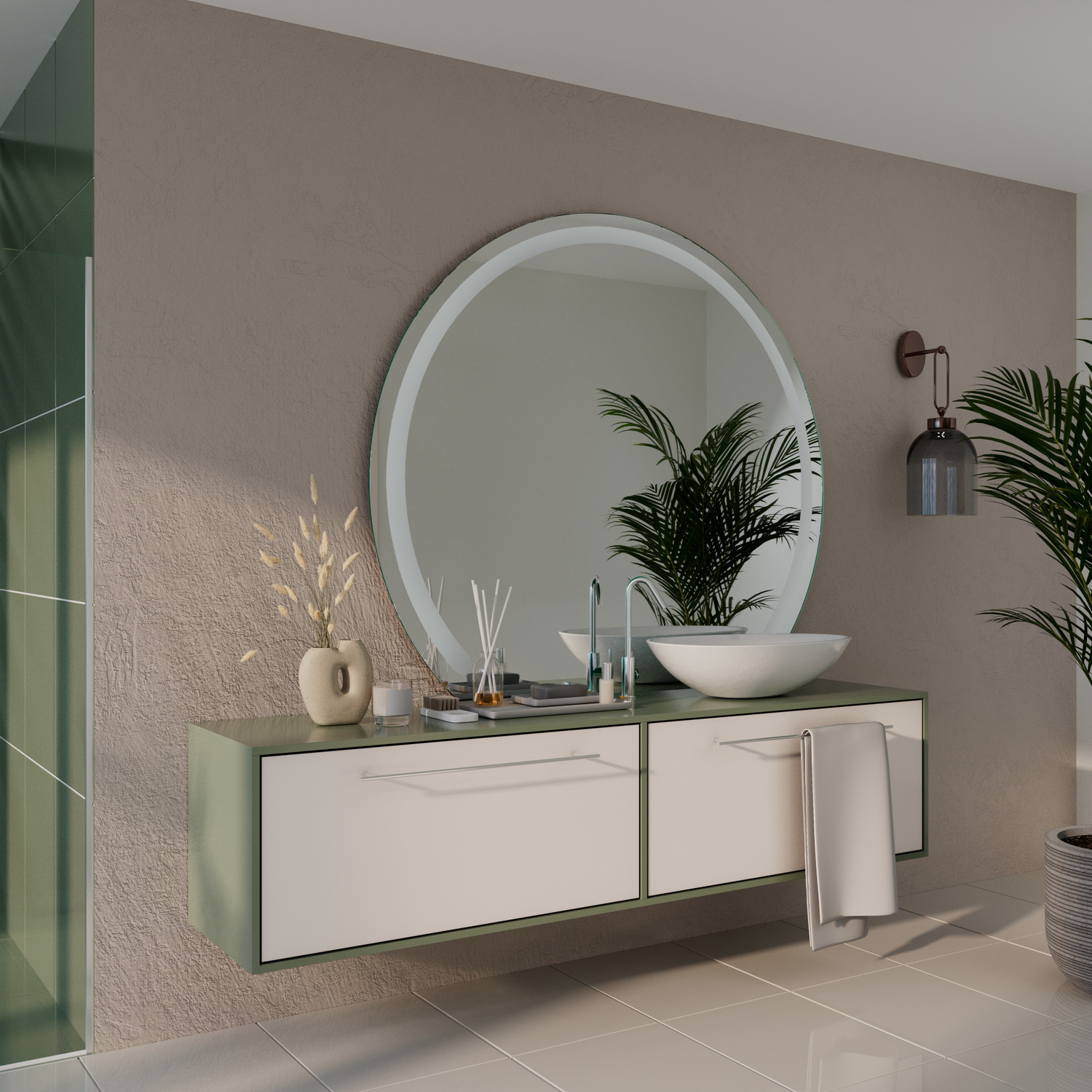 AZOR C1 runder Wandspiegel ohne Beleuchtung, 1500x1500 mm, Seitenansicht im ausgeschalteten Zustand, montiert über schwebendem Waschtisch mit weißen Fronten und grauer Arbeitsplatte, modernes Badezimmer mit beiger Wand und grünen Glasfliesen, dekorative P