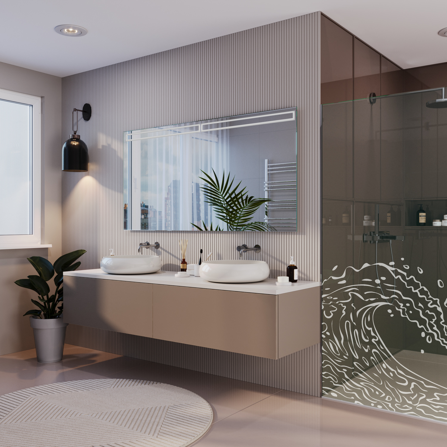 ROUBAY Badezimmerspiegel 1500x1500 mm ohne Beleuchtung in luxuriösem Badezimmer mit Doppelwaschtisch, Badewanne und dekorativer GlastrennwandRetry