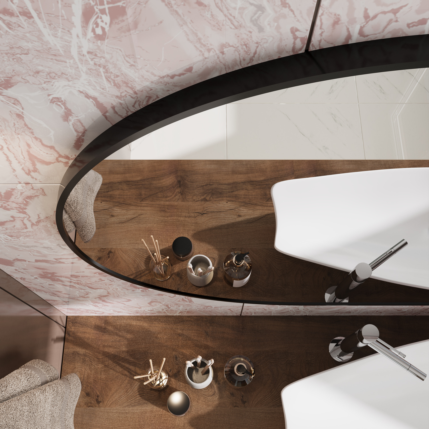 Oval Mirror Framed Details 03 1500x1500 Detailaufnahme ovaler Badspiegel mit schwarzem Metallrahmen, Vogelperspektive auf Holzwaschtisch mit Dekoration und marmorierte WandverkleidungRetry