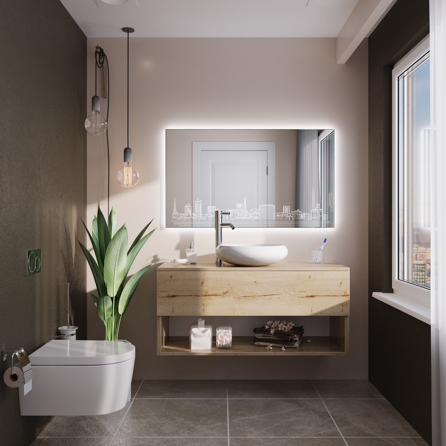 SKYDORTMUND1 rechteckiger LED-Badspiegel mit eingeschalteter warmweißer Beleuchtung, 1500x1500 mm, leuchtender Lichtrahmen mit Skyline-Motiv, über weißem Aufsatzwaschbecken auf Holzwaschtisch, modernes Bad mit dunkelgrauen Wänden