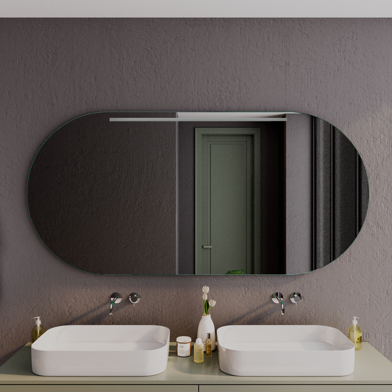 CRATO OV LED-Badspiegel mit ausgeschalteter Beleuchtung, 1500x1500 mm, ovale Form, über zwei weißen rechteckigen Aufsatzwaschbecken auf weißem Waschtisch, dunkelgraue Wand, moderne Wandarmaturen, minimalistisches Doppelwaschbecken-Bad, Nahaufnahme