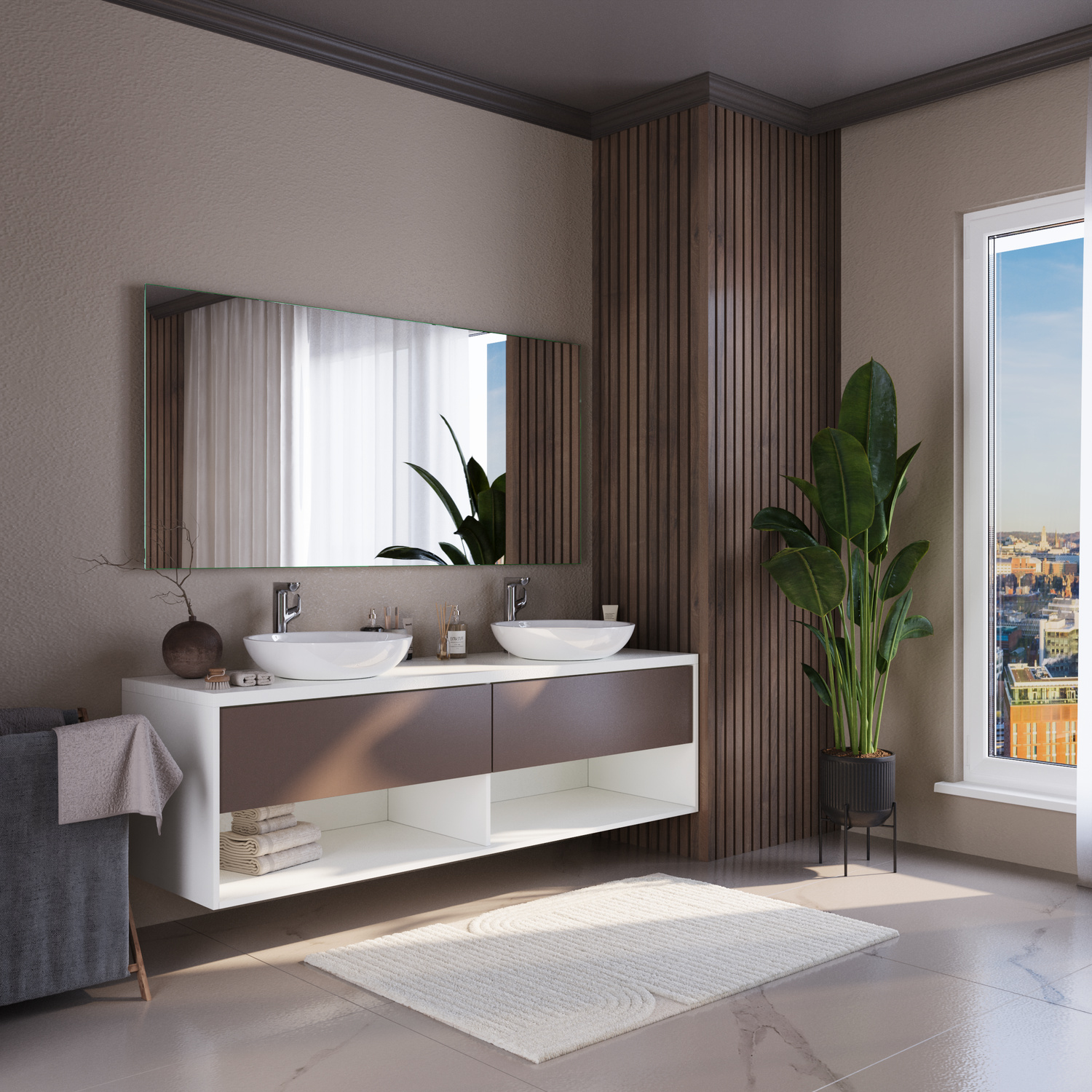 Badspiegel Modell Grasse aus seitlichem Blickwinkel mit ausgeschalteter Beleuchtung über modernem Doppelwaschtisch, helles Badezimmer mit großem Fenster und Pflanzen.