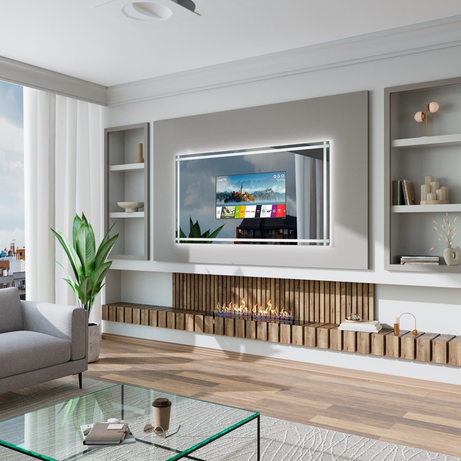 T409 LED-Smart-TV-Spiegel in Seitenansicht mit eingeschalteter Beleuchtung, 1500x1500 mm, warmweißer Lichtrahmen, eingeschalteter TV mit Smart-Oberfläche, über Elektrokamin in Wandnische, modernes Wohnzimmer mit Regalen, Glastisch, Sofa und Grünpflanzen