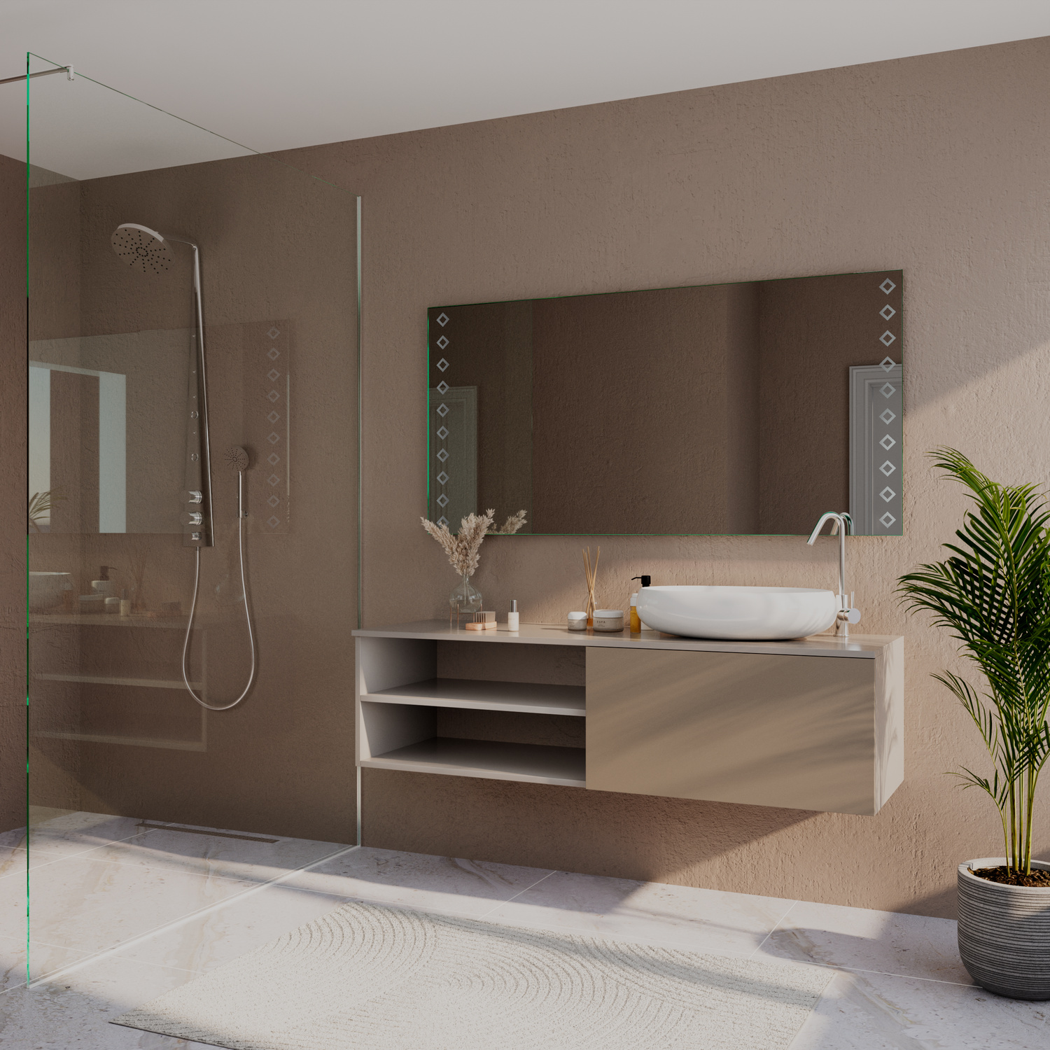 FREJUS rechteckiger LED-Badspiegel mit ausgeschalteter Beleuchtung, 1500x1500 mm, über weißem langem Waschtisch mit zwei roten runden Aufsatzwaschbecken, kupferfarbene Armaturen, rosa Fliesenwand, modernes farbenfrohes Bad mit Pflanzen, Seitenansicht