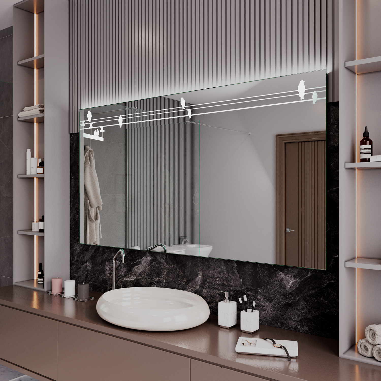 ROSES rechteckiger LED-Badspiegel mit Schiebemechanismus und eingeschalteter Beleuchtung, 1500x1500 mm, leuchtend mit oberen Lichtstreifen und LED-Spots, über taupefarbenem Waschtisch mit weißem ovalem Aufsatzwaschbecken, luxuriöses Bad, Seitenansicht