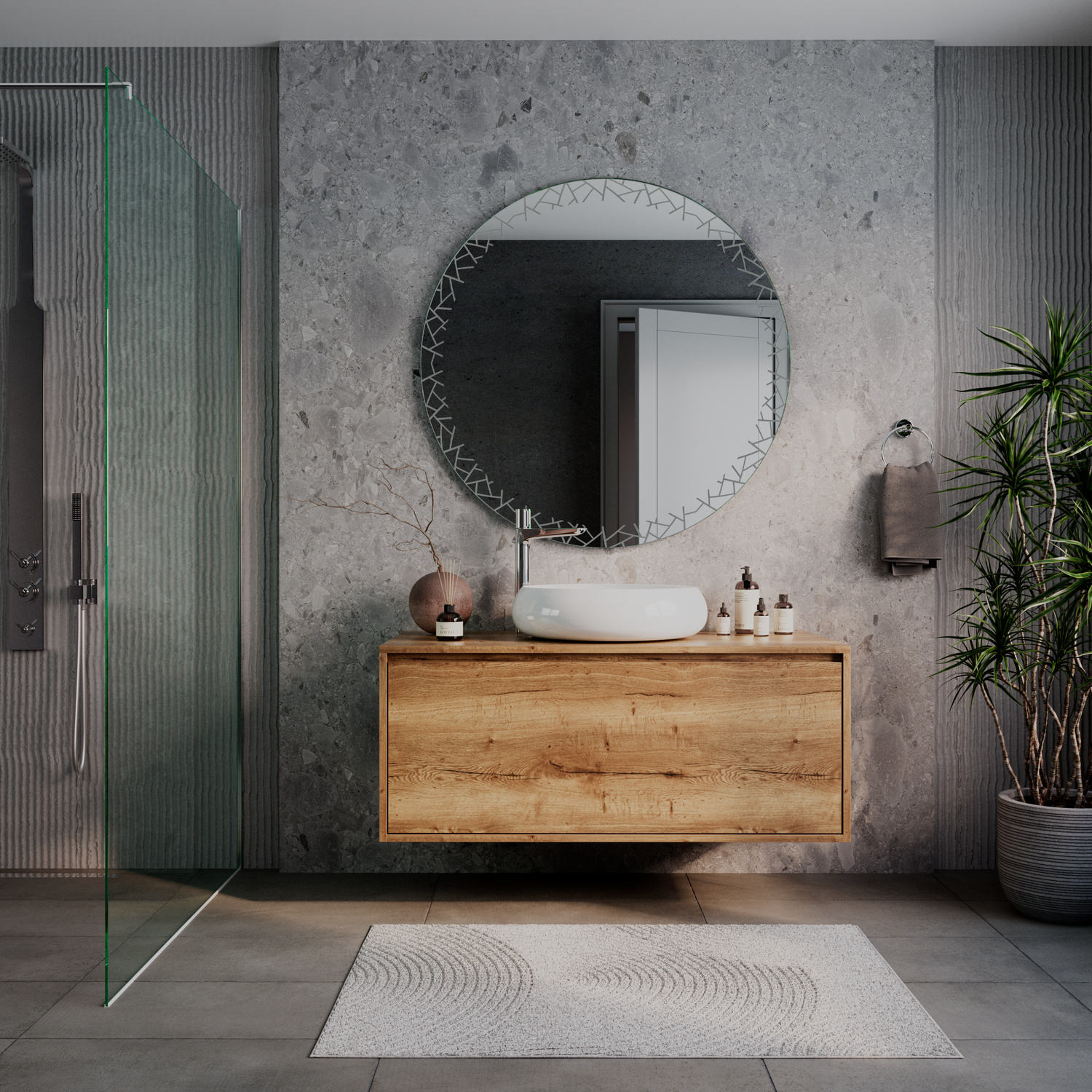 LDR503 runder Badspiegel mit Kristallrahmen, 1500x1500 mm, ausgeschaltet, Gesamtansicht Bad über schwebendem Holzwaschtisch mit weißem Waschbecken, graue Betonwand, grüne Glas-Duschtrennwand, modernes natürliches Bad mit Pflanzen