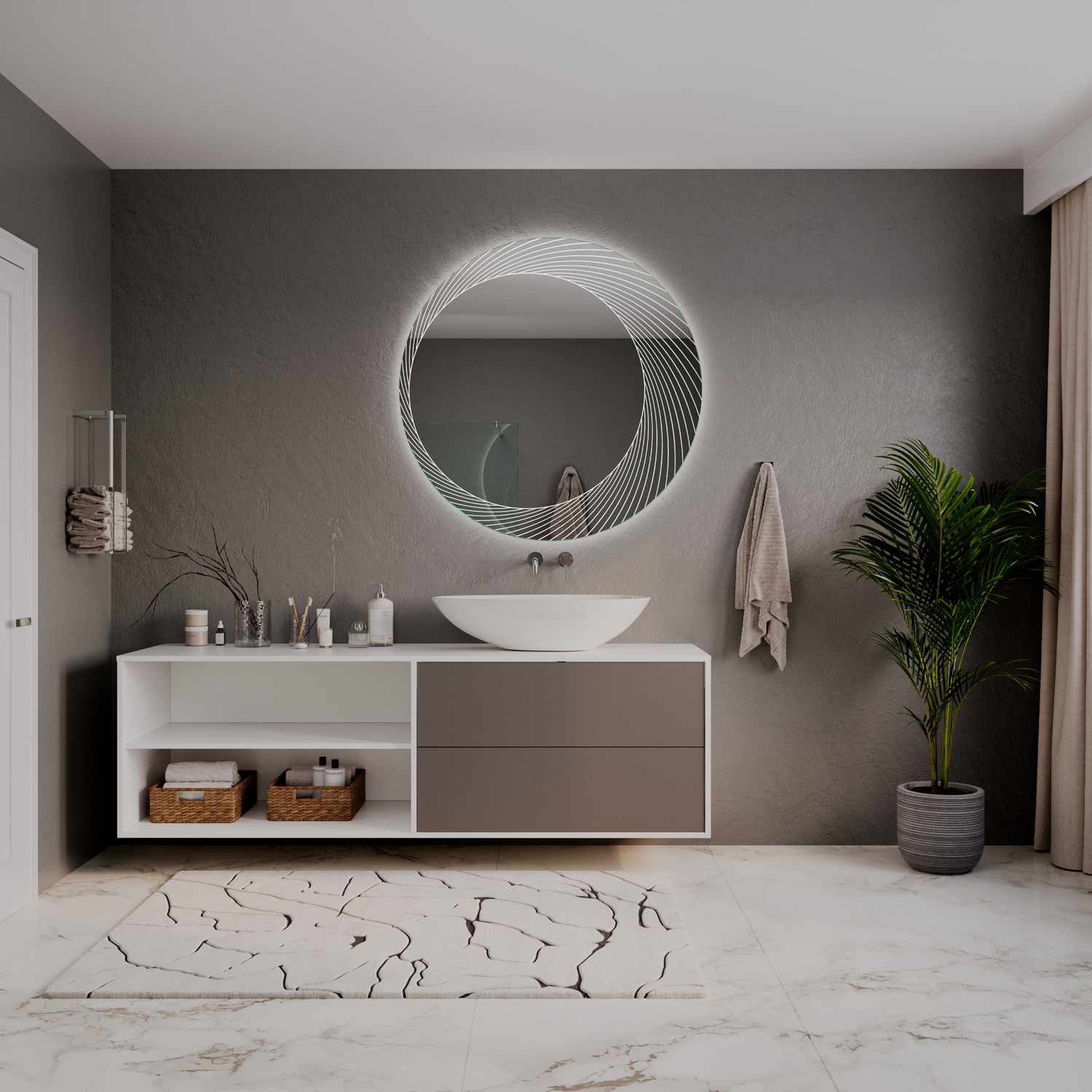 LDR506 runder LED-Badspiegel mit eingeschalteter Beleuchtung, 1500x1500 mm, warmweißer Lichtrahmen, dekoratives diagonales Linienmuster, über zweifarbigem schwebenden Waschtisch weiß-grau mit ovalem Aufsatzwaschbecken, dunkelgraue Wand, weißer Marmorboden