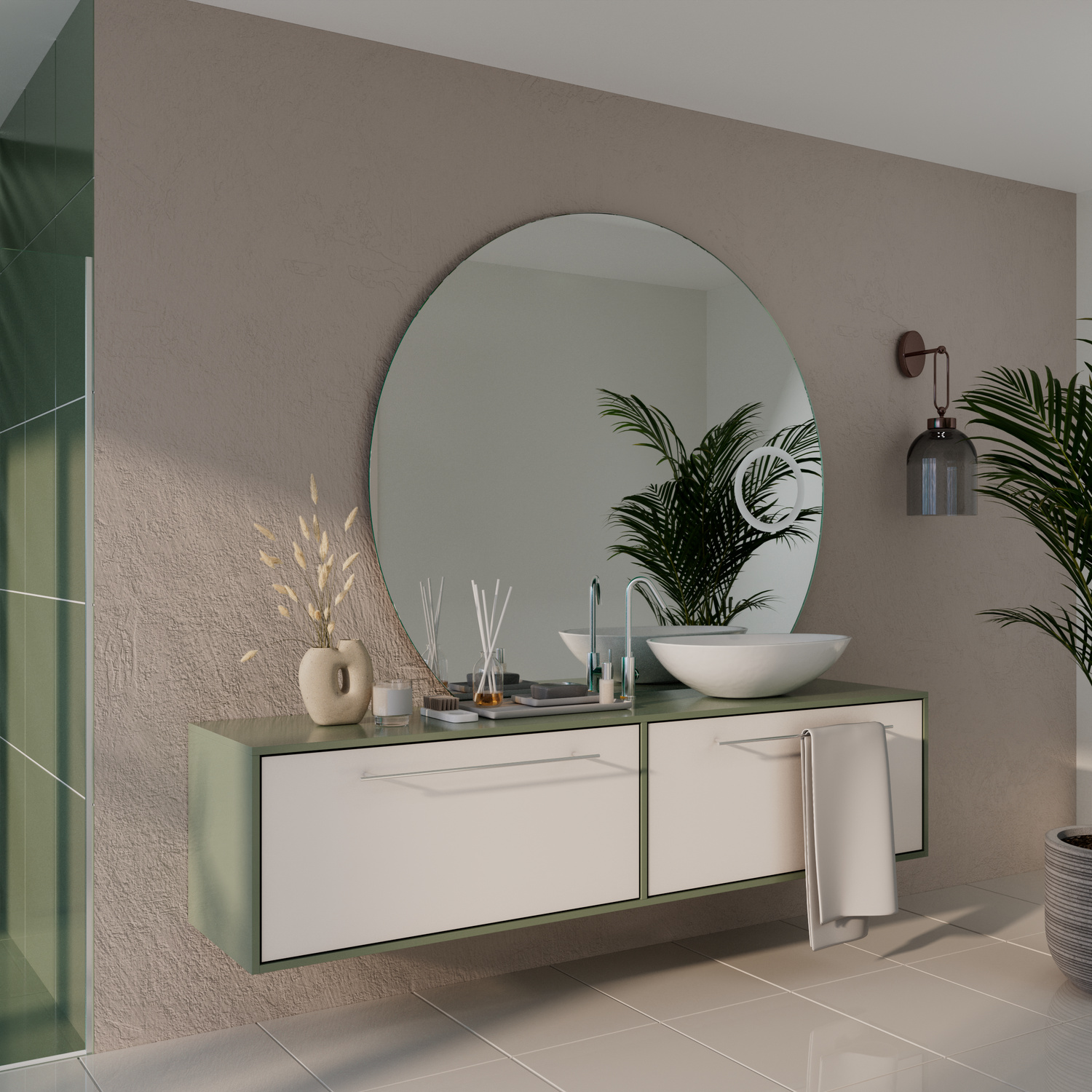ANAS C1 Plus großer runder Wandspiegel ohne Beleuchtung in seitlicher Ansicht, weißer schwebender Waschtisch mit Schubladen, weißes Aufsatzwaschbecken, schwarze Wandarmatur, beige Wand, Zimmerpflanzen, Wandleuchte, moderne Badezimmereinrichtung