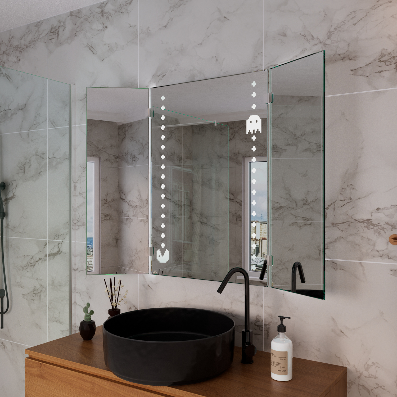 ALGIERS beleuchteter Badezimmerspiegel 1500x1500 mm in seitlicher Perspektive mit seitlicher LED-Beleuchtung über Holzwaschtisch mit schwarzem rundem Aufsatzwaschbecken in marmoriertem Badezimmer mit GlasduscheRetry