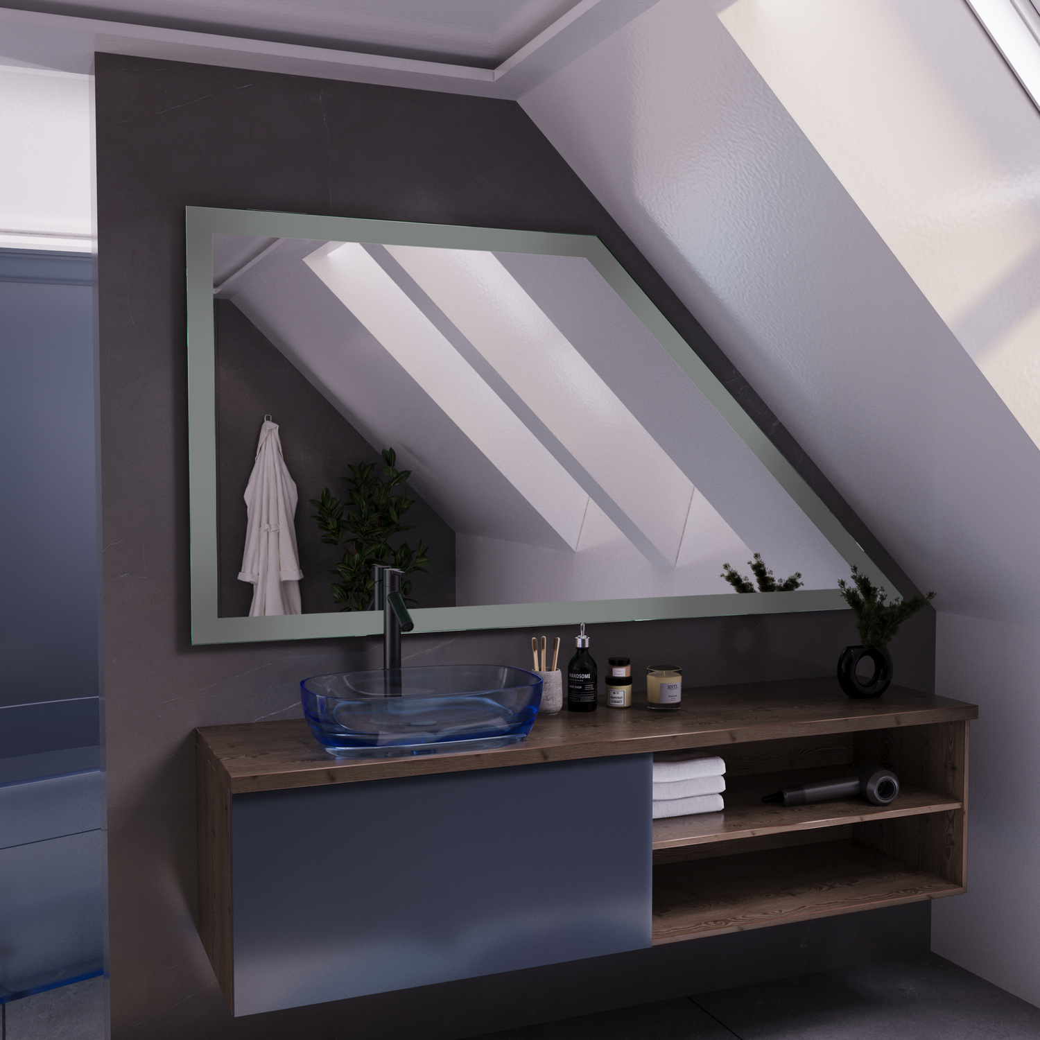 SETE DS40 Badezimmerspiegel 1500x1500 mm mit 40 mm Rahmenbreite in seitlicher Perspektive ohne Beleuchtung in Dachschrägen-Badezimmer mit blau-grauem Waschtisch und HolzarbeitsplatteRetry