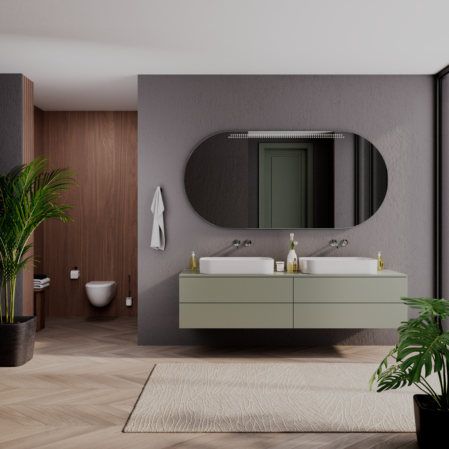 COLOMBRES OV ovaler LED-Badspiegel mit ausgeschalteter Beleuchtung, 1500x1500 mm, rahmenlos, über olivgrünem schwebendem Waschtisch mit zwei weißen Aufsatzwaschbecken, modernes Bad mit anthrazitfarbener Wand und Holzverkleidung