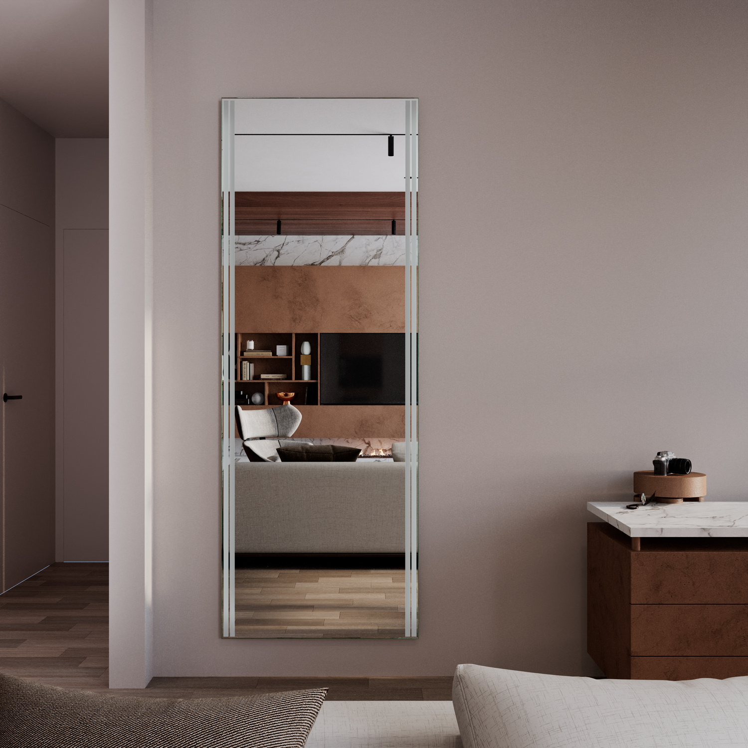 CATANIA Ganzkörperspiegel 150x150 cm unbeleuchtet mit weißem Rahmen in modernem Badezimmer, Blick durch Türöffnung auf Waschtisch mit Holzelementen