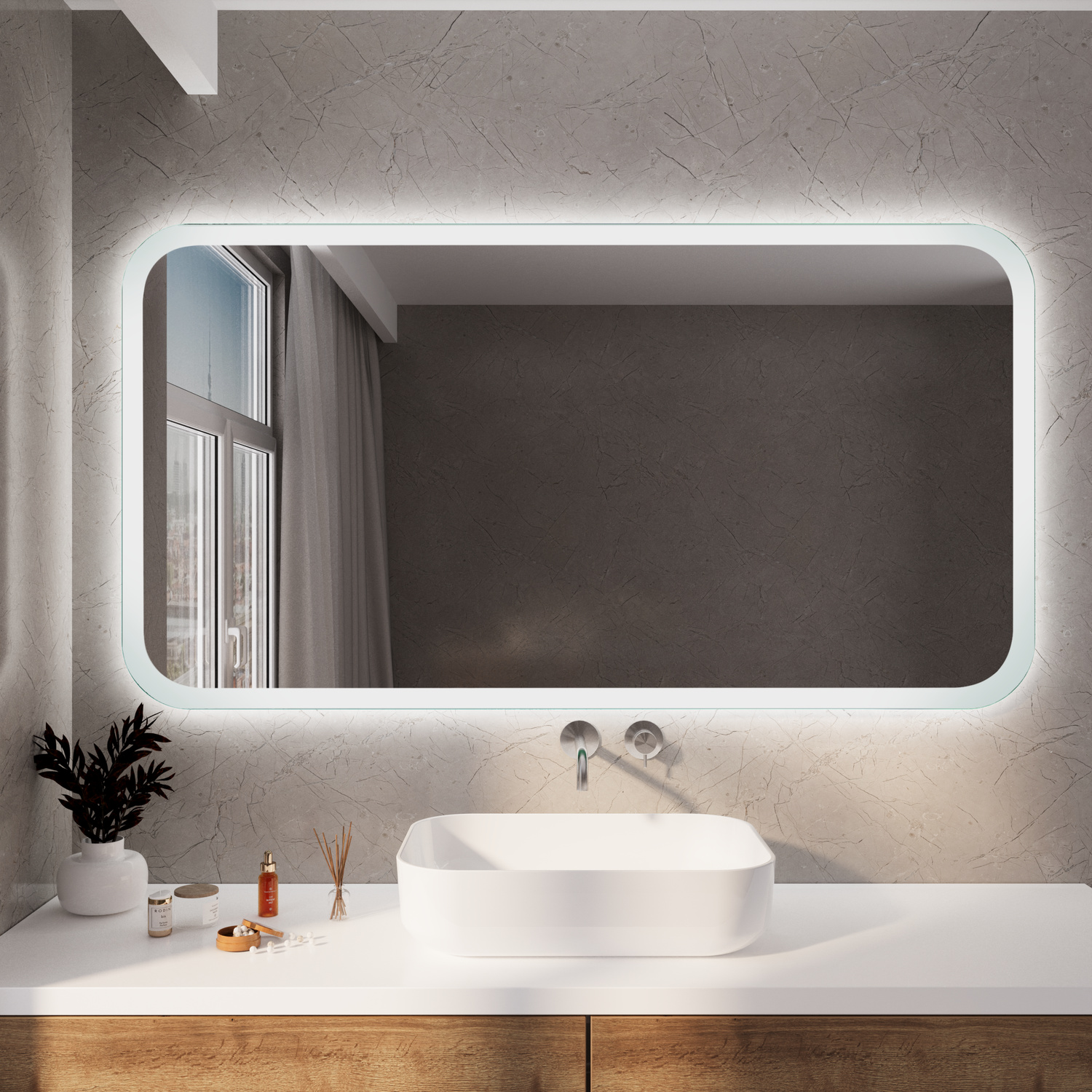 SETE RAD30 beleuchteter Badezimmerspiegel 1500x1500 mm mit 30 mm abgerundeten Ecken und LED-Beleuchtung über weißem Waschtisch mit rundem Aufsatzwaschbecken in minimalistischem BadezimmerRetry