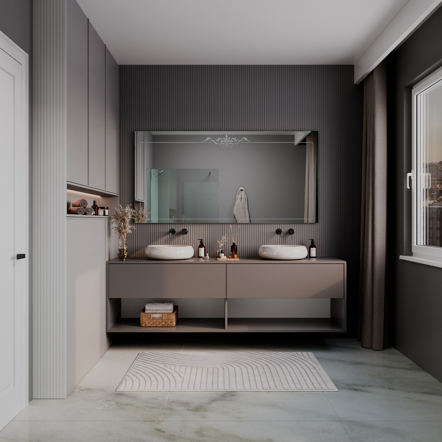 LD410 Badezimmerspiegel 1500x1500 mm mit Rahmen ohne Beleuchtung in elegantem dunklem Badezimmer mit Doppelwaschtisch, zwei runden Aufsatzwaschbecken und strukturierter WandverkleidungRetry