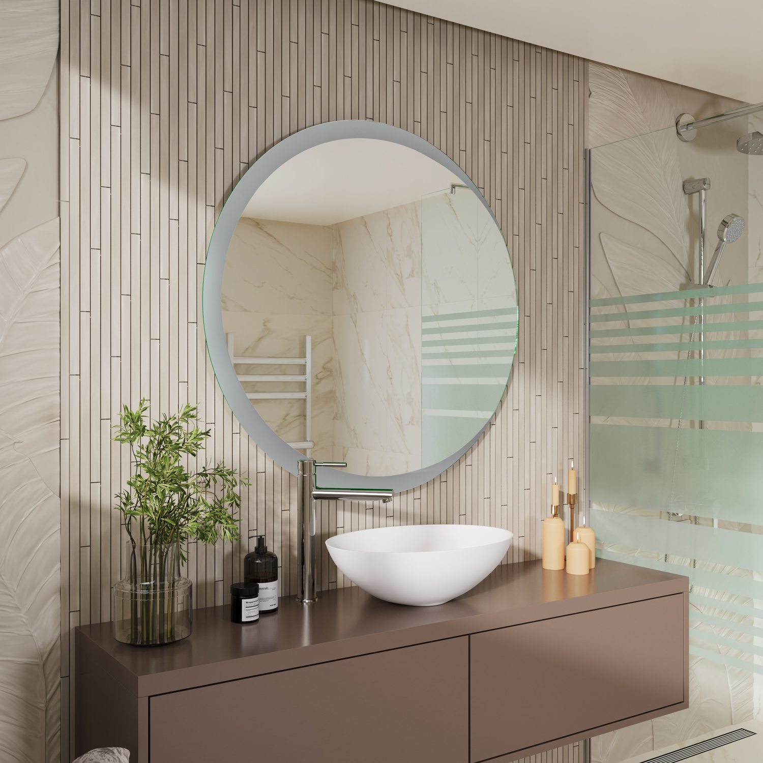 AY runder LED-Badspiegel, 1500x1500 mm, Beleuchtung ausgeschaltet, weißer Rahmen, wandmontiert über braunem Waschtisch mit weißem ovalem Aufsatzwaschbecken, seitliche Perspektive, modernes Bad mit gerillten Fliesen und Glastür