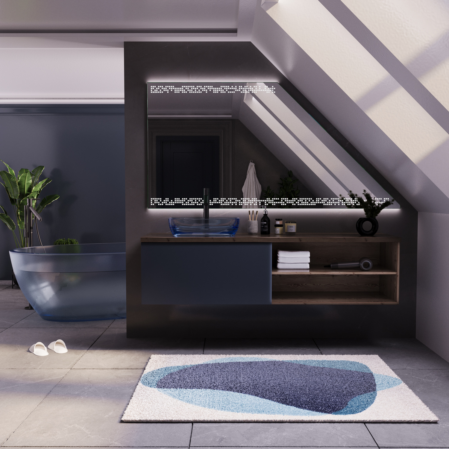 DIGNY DS Doppel-Waschtisch mit integriertem LED-Spiegel, 1500x1500 mm, eingeschaltete warmweiße LED-Beleuchtung mit Niet-Optik, anthrazitfarbene Hochglanzfront, offene Holzfächer, zwei schwarze Waschbecken, modernes Dachgeschoss-Bad mit Dachfenster und Ba