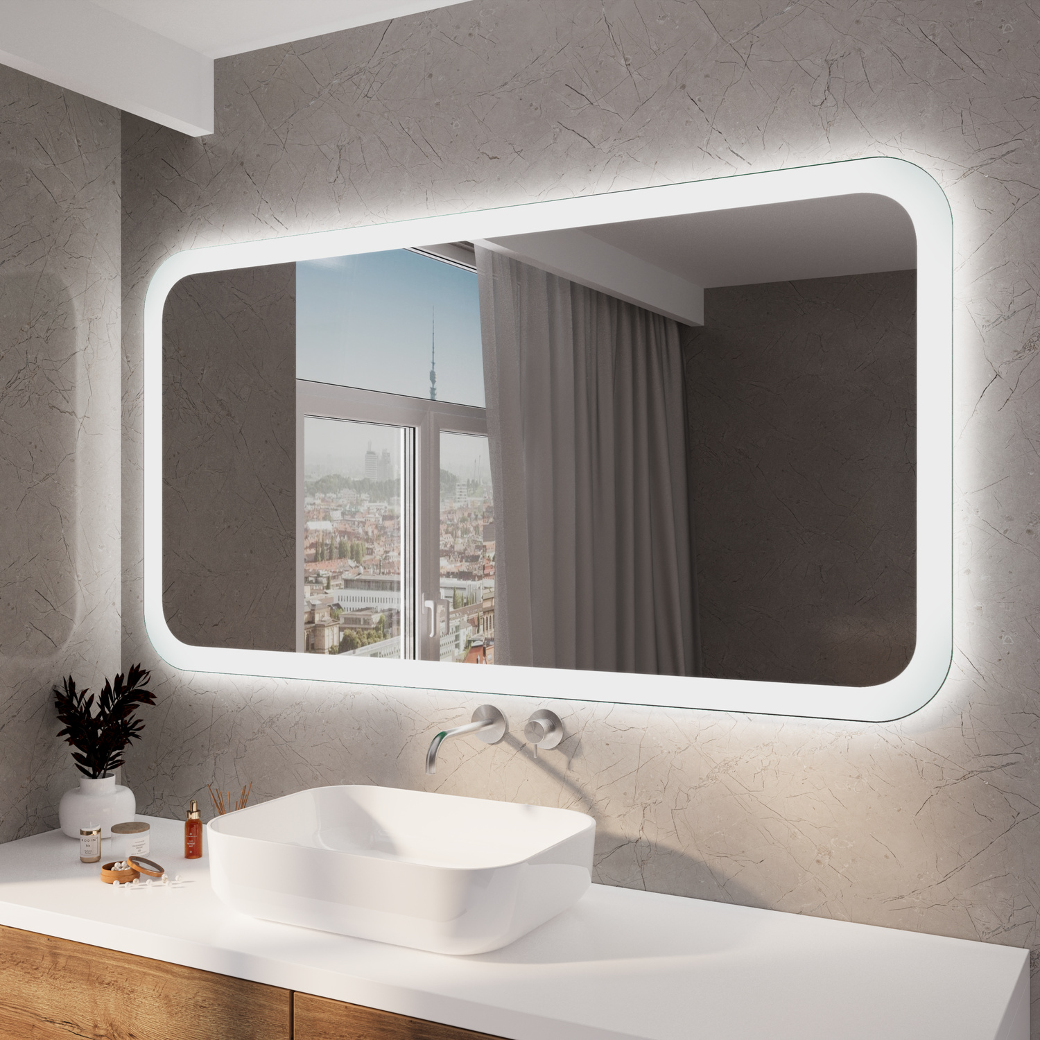 SETERAD40 rechteckiger LED-Badspiegel mit abgerundeten Ecken und eingeschalteter umlaufender Hintergrundbeleuchtung, 1500x1500 mm, leuchtender Zustand mit warmweißem Lichtrahmen, horizontale Montage über weißem Aufsatzwaschbecken, luxuriöses Badezimmer mi