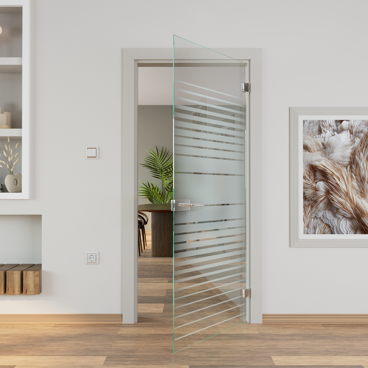 Trazzo Open 1500x1500 Glastür mit horizontalen Milchglas-Streifen in geöffneter Position, Aluminiumrahmen in modernem Wohnraum mit hellem HolzbodenRetry