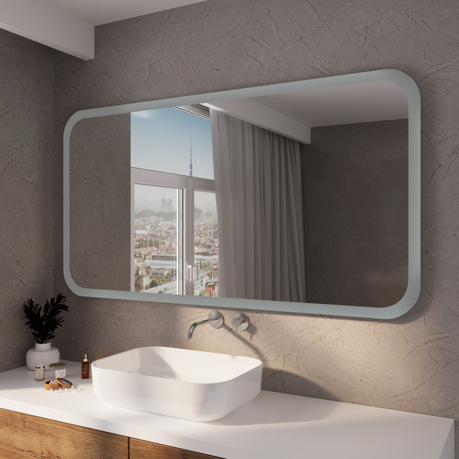 SETE RAD30 Badezimmerspiegel 1500x1500 mm mit 30 mm abgerundeten Ecken ohne Beleuchtung in modernem Badezimmer mit weißem eckigem Aufsatzwaschbecken und FensterausblickRetry