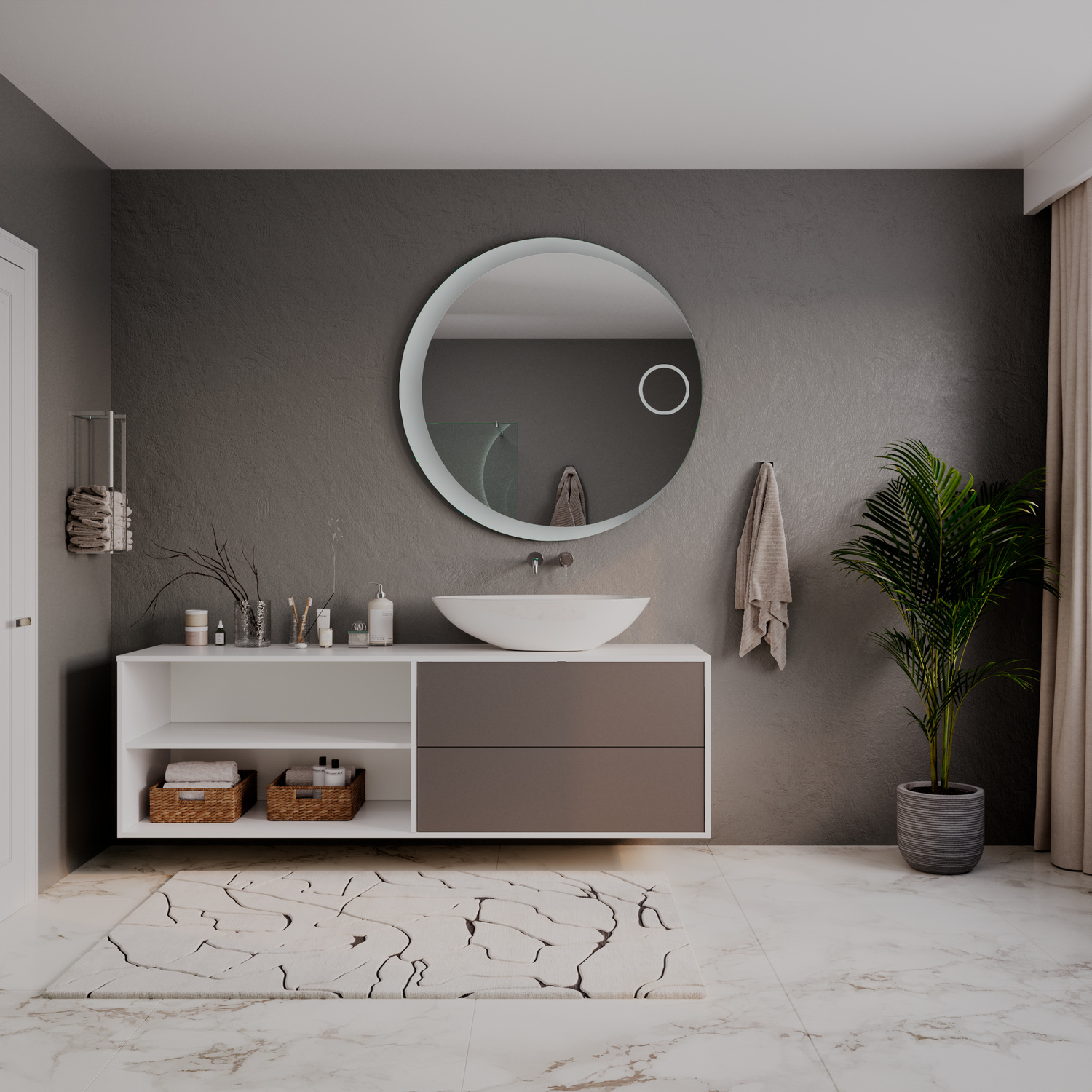 AY Plus runder LED-Badspiegel mit ausgeschalteter Beleuchtung, 1500x1500 mm, weißer Rahmen mit Zusatzleuchte, über zweifarbigem Waschtisch mit weißem Aufsatzwaschbecken, modernes Bad mit dunkelgrauer Wand und Marmorboden