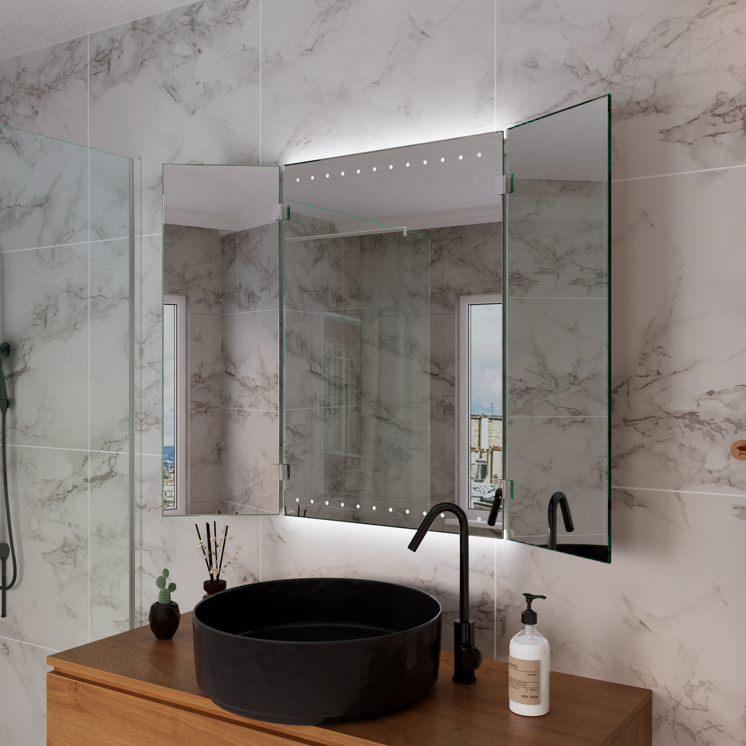 Accras aus seitlichem Blickwinkel bei eingeschaltetem Licht, Produktaufnahme in 1500 × 1500 Pixel.