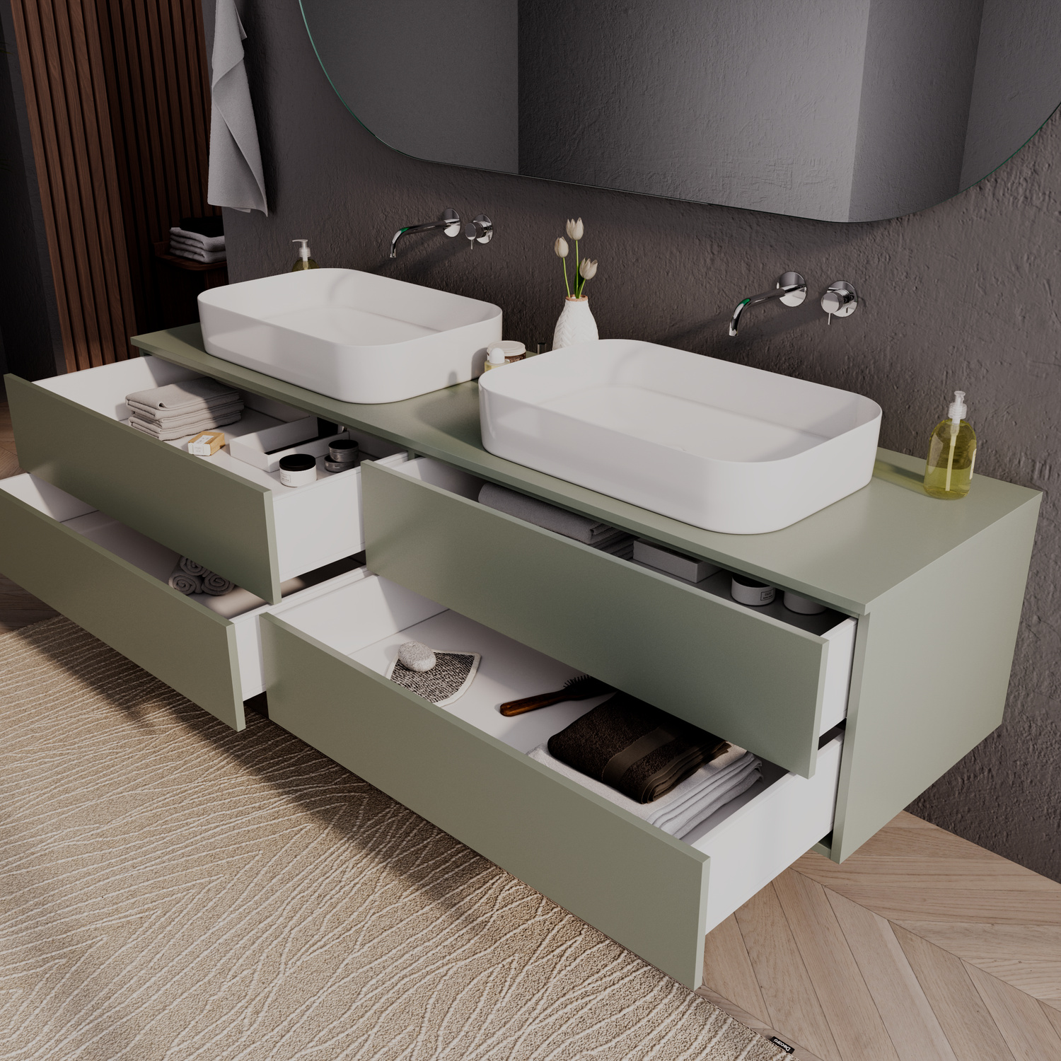 HAMBURG 02 schwebender Doppelwaschtisch mit geöffneten Schubladen, 1500x1500 mm, olivgrüner matter Waschtisch mit zwei rechteckigen weißen Aufsatzwaschbecken, schwarze Wandarmaturen, zwei geöffnete weiße Schubladen mit Kosmetikprodukten, modernes Bad mit