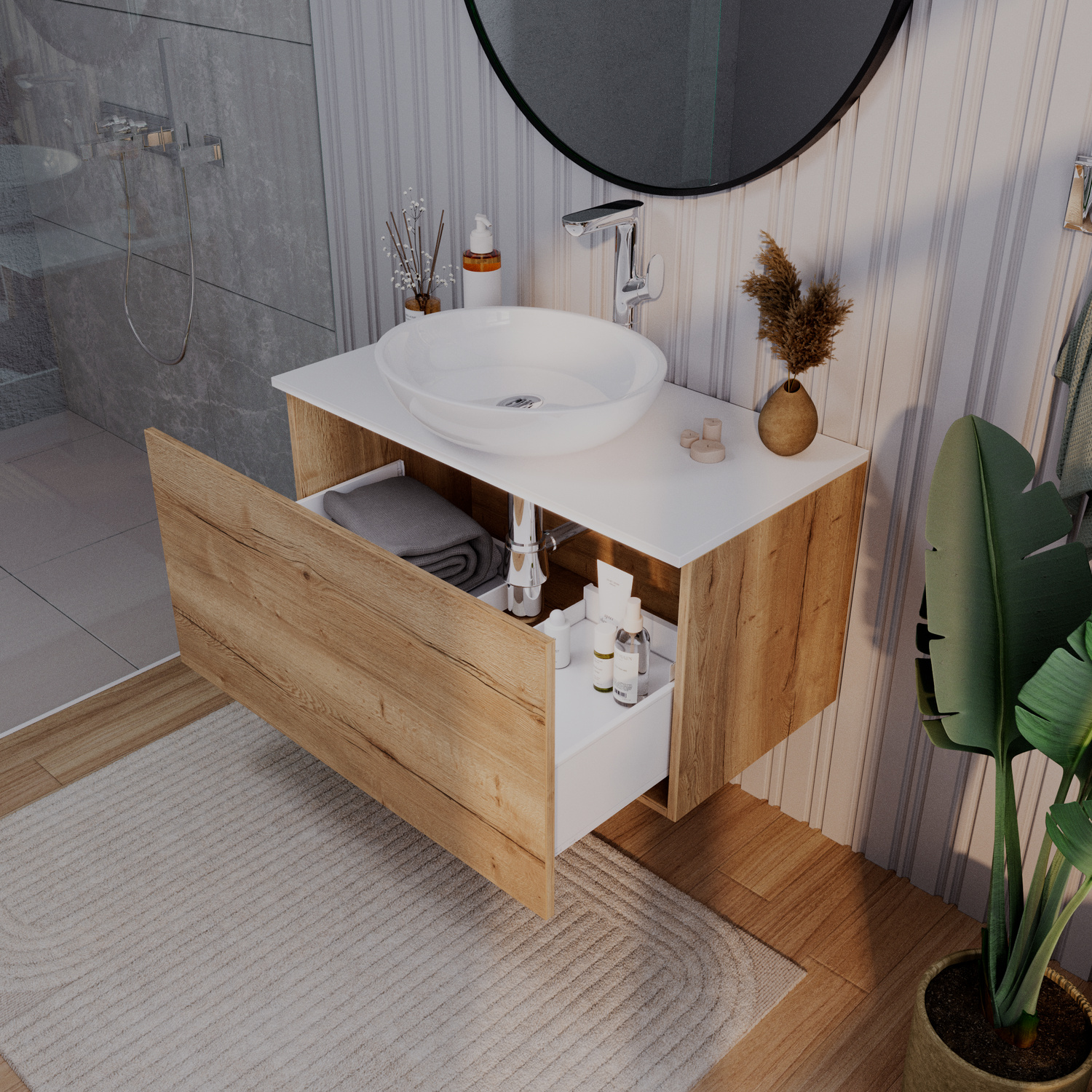 HAMBURG 03 runder Badspiegel mit schwarzem Rahmen, 1500x1500 mm, über Holzwaschtisch mit geöffneter Schublade und Stauraum, weißes ovales Aufsatzwaschbecken, modernes Bad mit weißer Wandverkleidung, Holzboden, Duschbereich, Pampasgras und Grünpflanze