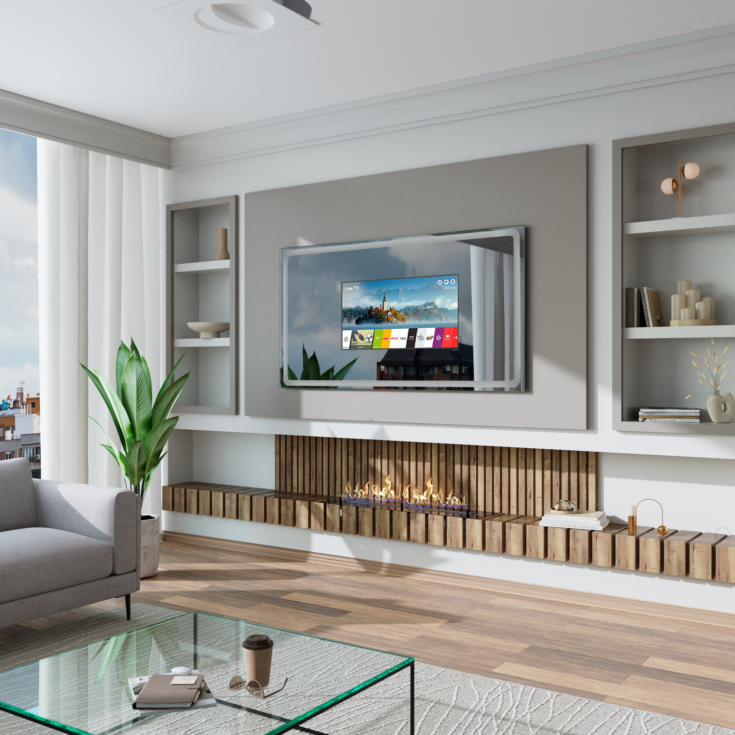 T410 rechteckiger LED-Spiegel mit weißem Rahmen, 1500x1500 mm, Beleuchtung ausgeschaltet, seitliche Perspektive, als TV-Rahmen mit laufendem Fernseher, modernes Wohnzimmer mit grauer Wand, Kamin, Wandregalen, Glastisch und Sofa