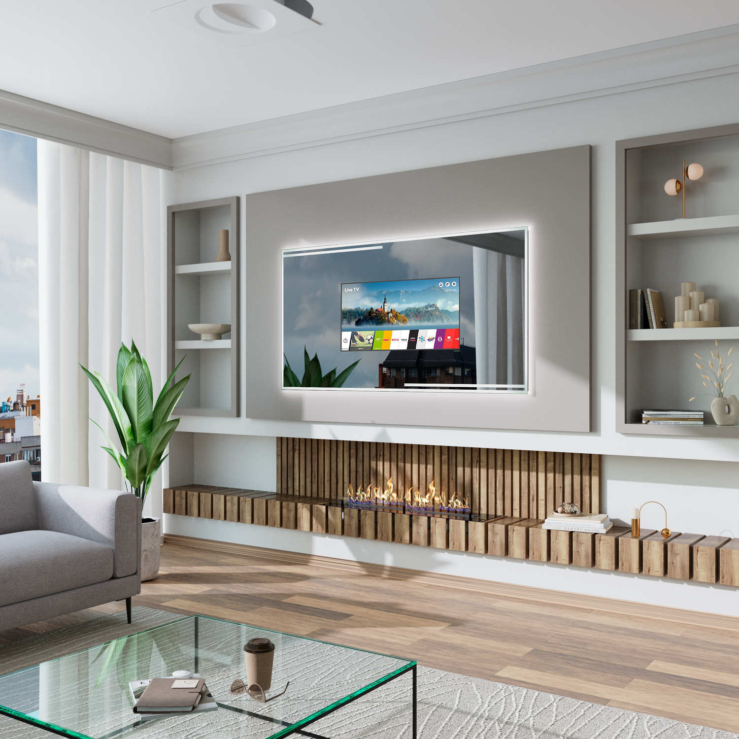 T403 Smart TV Spiegel mit LED-Rahmenbeleuchtung, 1500x1500 mm, Seitenansicht eingeschaltet, aktives TV-Display mit weißem LED-Lichtrahmen, integriert in elegante Wohnwand mit Holzlamellen-Kamin, modernes Wohnzimmer