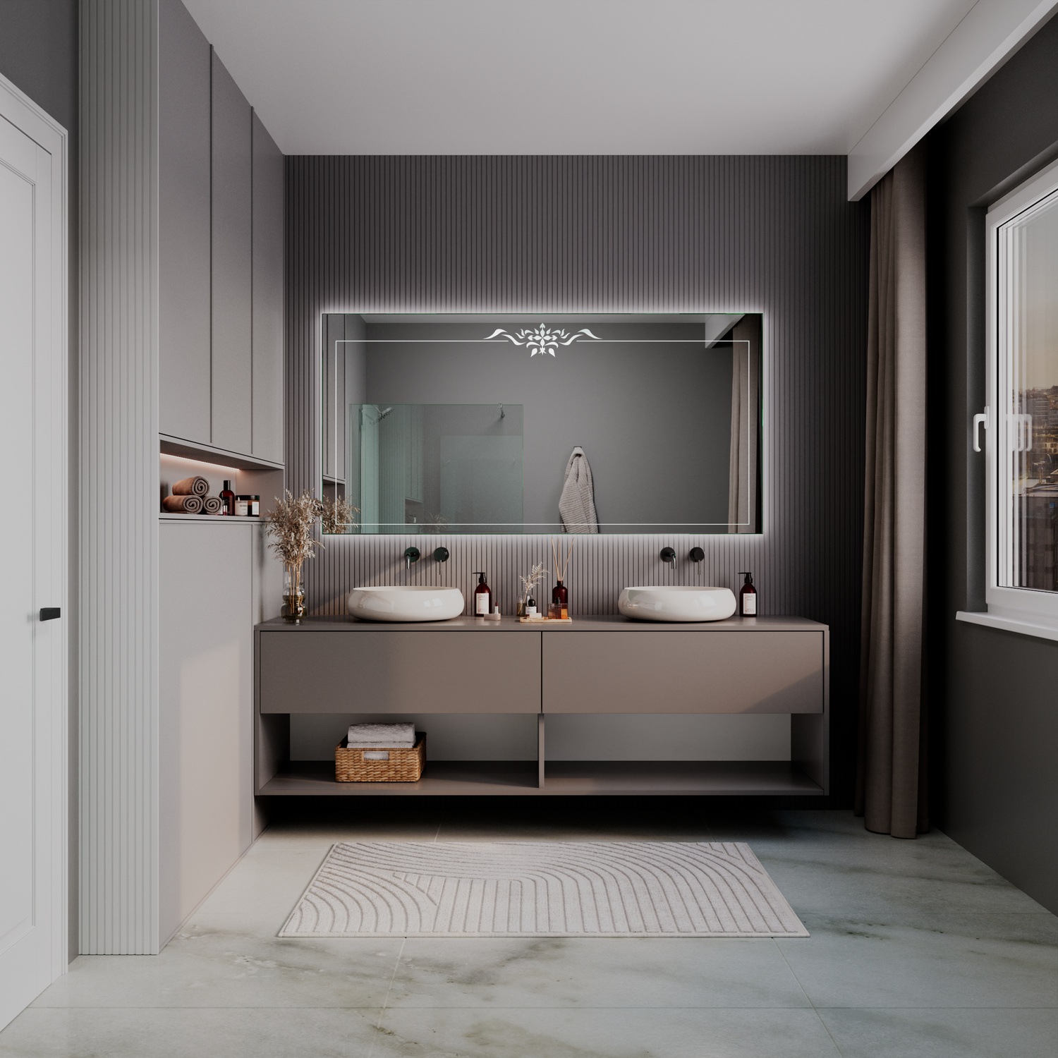 LD410 beleuchteter Badezimmerspiegel 1500x1500 mm mit Rahmen und LED-Beleuchtung in elegantem dunklem Badezimmer mit Doppelwaschtisch, zwei runden Aufsatzwaschbecken und strukturierter WandverkleidungRetry