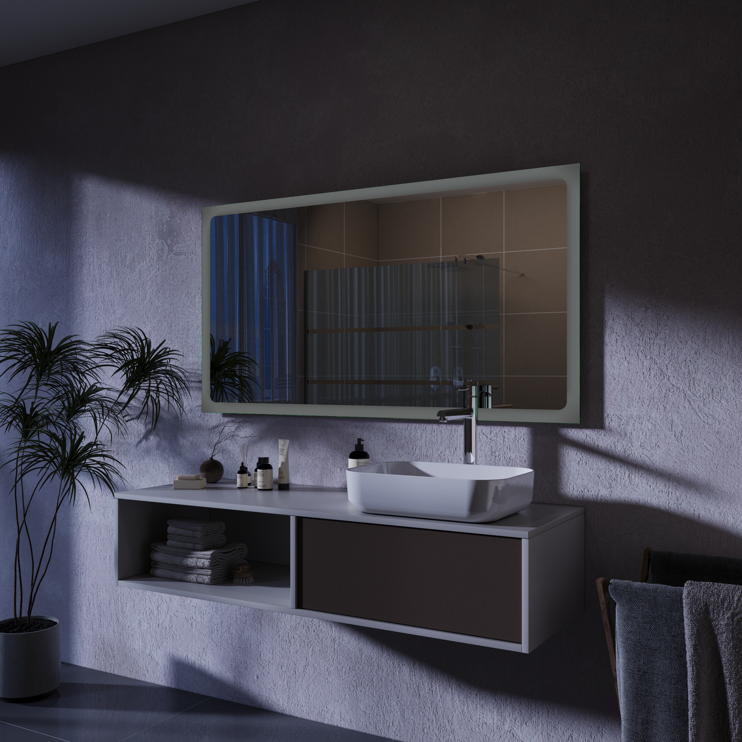 TRAPANI LED-Badspiegel seitliche Ansicht mit breitem hellem Rahmen, 1500x1500 mm, Beleuchtung ausgeschaltet, nächtliche Atmosphäre, über modernem schwebendem Waschtisch mit dunklen Fronten, weißem Waschbecken, Grünpflanzen, dunkelgraue Betonoptik-Wände