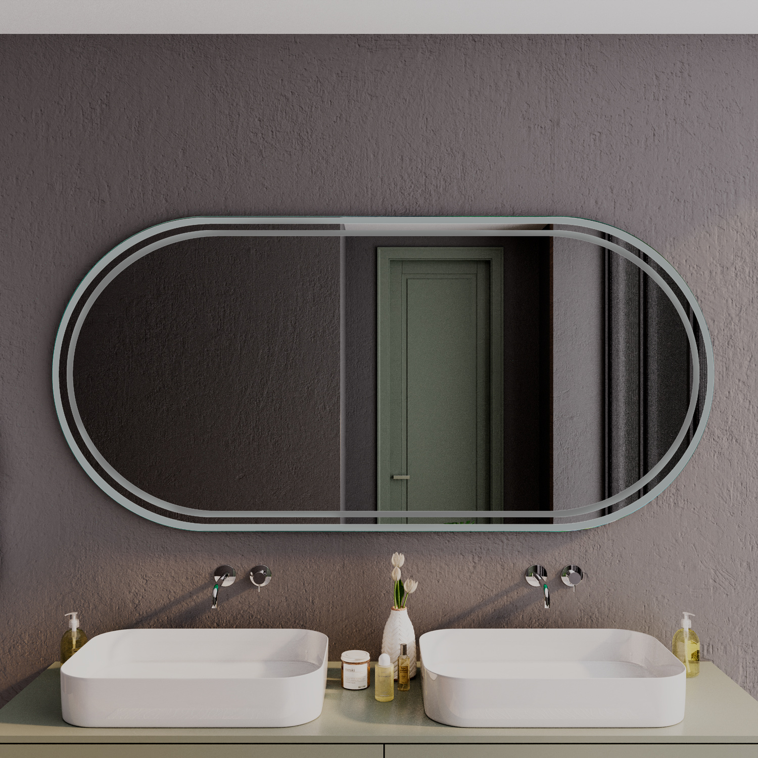 RODEZ OV ovaler LED-Badspiegel mit ausgeschalteter Beleuchtung, 1500x1500 mm, nahe Ansicht, über Doppelwaschtisch mit zwei weißen Aufsatzwaschbecken, dunkle Wand, modernes minimalistisches Bad mit Wandarmaturen