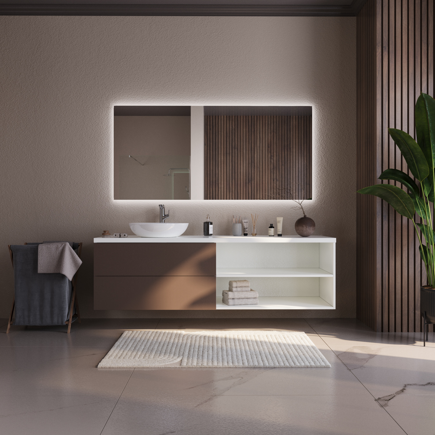 HAMBURG 07 doppelter LED-Badspiegel mit eingeschalteter Hintergrundbeleuchtung, 1500x1500 mm, zwei quadratische Spiegel mit leuchtenden LED-Rahmen in warmweiß, über weiß-braunem schwebenden Doppelwaschtisch mit zwei rechteckigen Waschbecken, modernes Bad