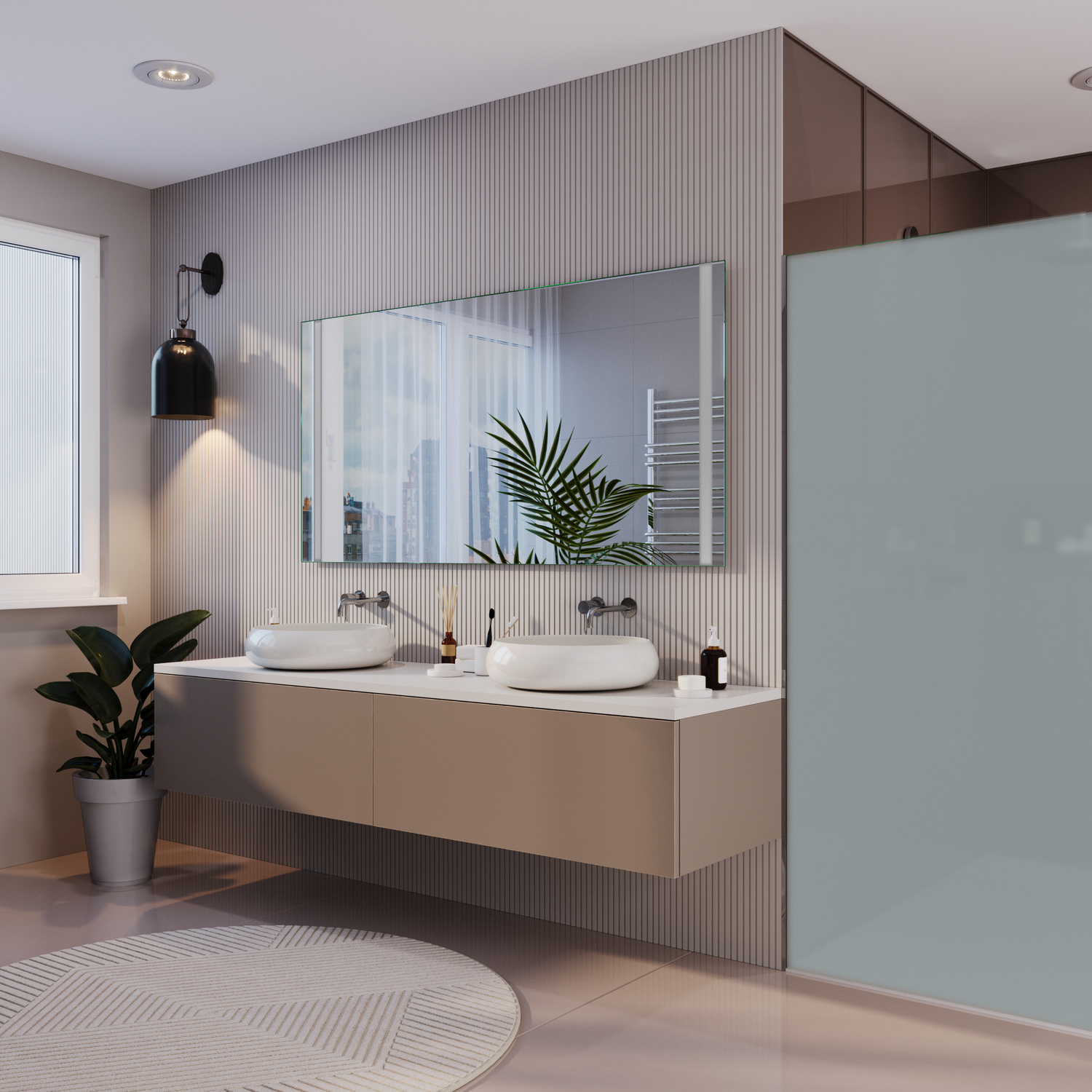 Badspiegel Modell Palee aus seitlichem Blickwinkel mit ausgeschalteter LED-Beleuchtung, über modernem Doppelwaschtisch in hellem Badezimmer mit Pflanzen und Glasdusche.