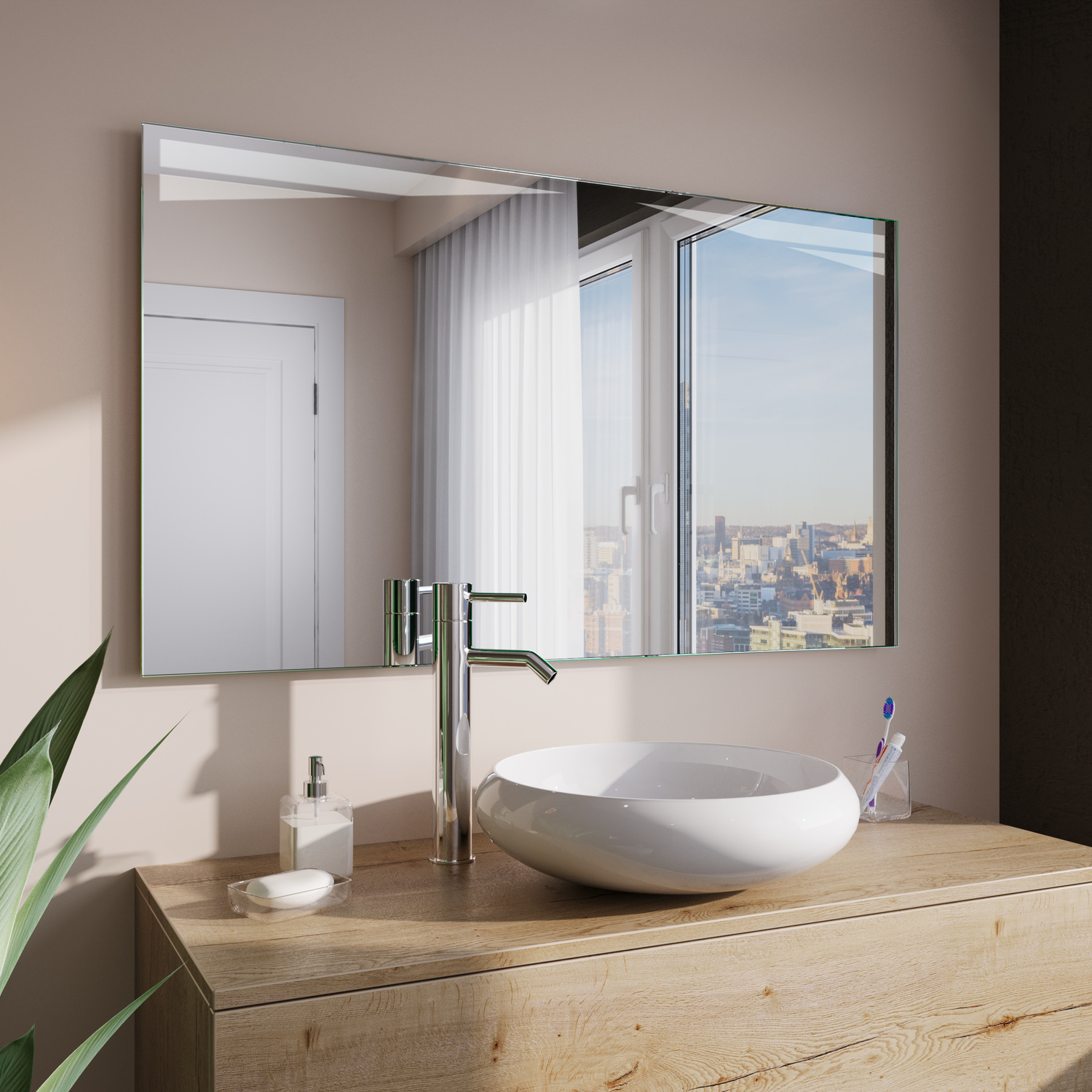 Badspiegel Toulouse in Seitenansicht mit ausgeschalteter Beleuchtung über einem Holzwaschtisch mit weißem Aufsatzbecken und hoher Armatur in einem modernen Badezimmer mit StadtblickRetry