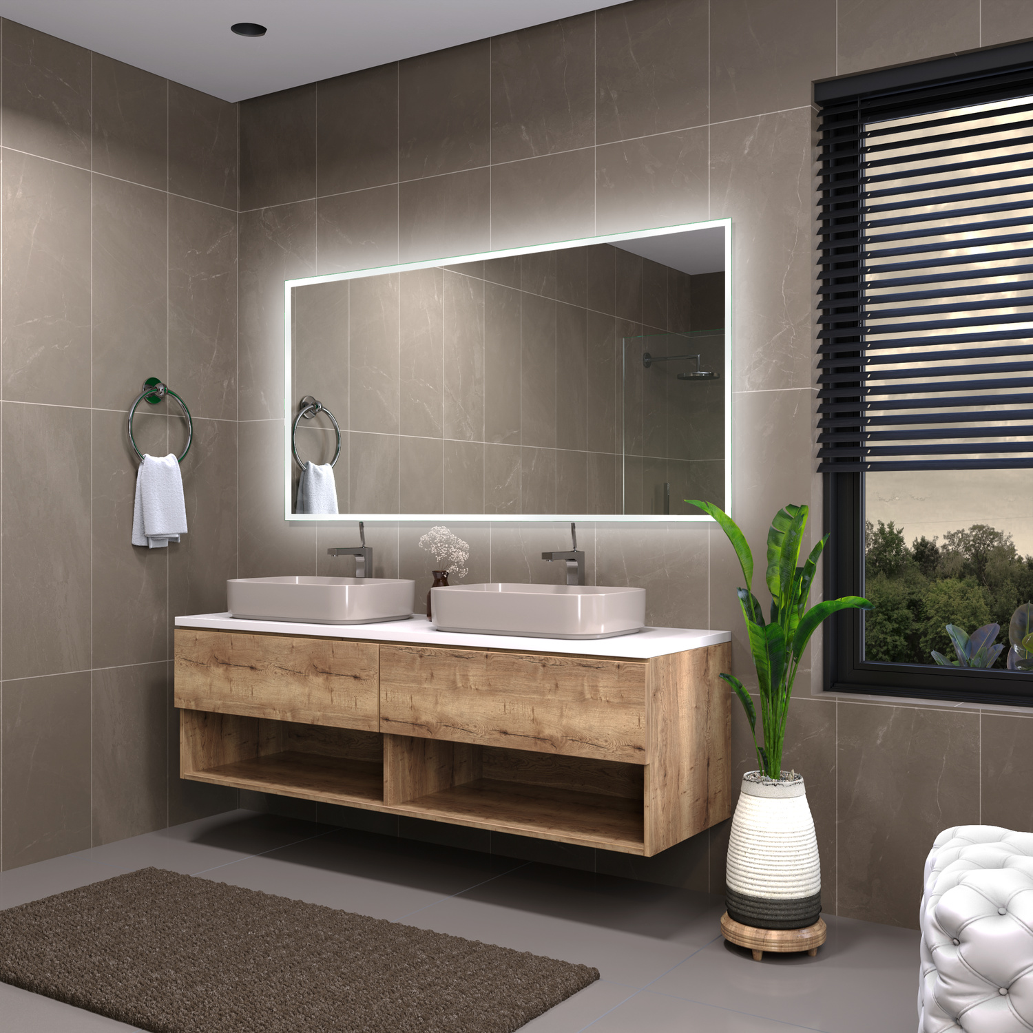 Badspiegel Sete 20 frontal mit eingeschalteter LED-Beleuchtung – gleichmäßiger Lichtkranz für ein modernes, stilvolles Ambiente.