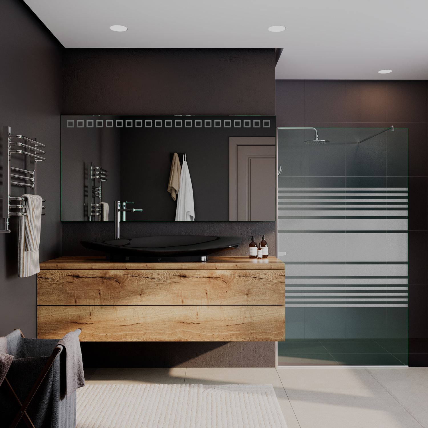 Nanterre rechteckiger Wandspiegel ohne Beleuchtung, 1500x1500 mm, Frontalansicht im ausgeschalteten Zustand, montiert über schwebendem Holzwaschtisch in Eichenoptik mit schwarzem integrierten Waschbecken, modernes Badezimmer mit anthrazitfarbener Wand und