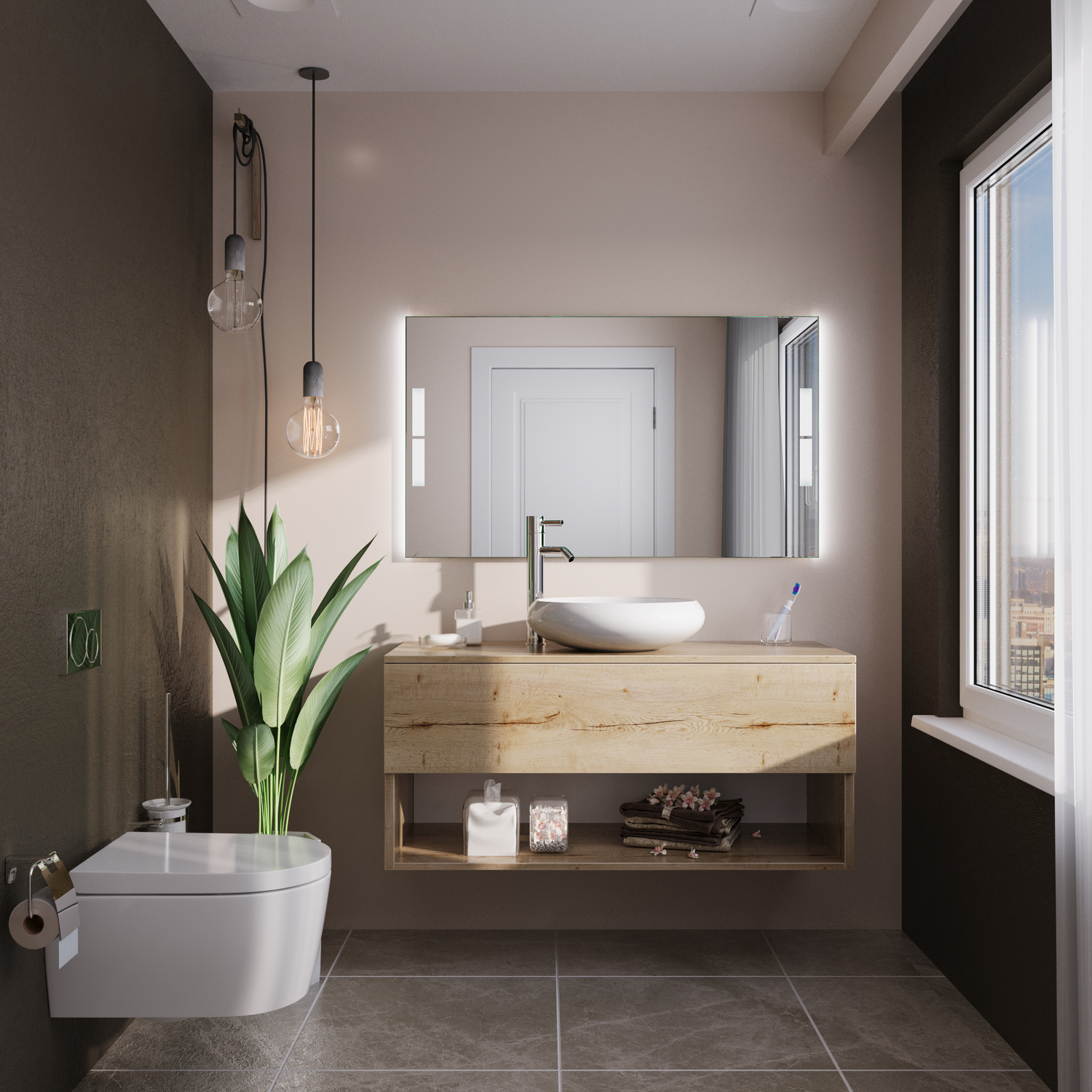 PORTO CHRISTO Badspiegel mit eingeschalteter LED-Beleuchtung, 1500x1500 mm, warmweißer Lichtrahmen seitlich leuchtend, über weißem ovalem Waschbecken auf schwebendem Holzwaschtisch, braune Wand, WC links, Pflanze, Pendelleuchten, modernes Bad