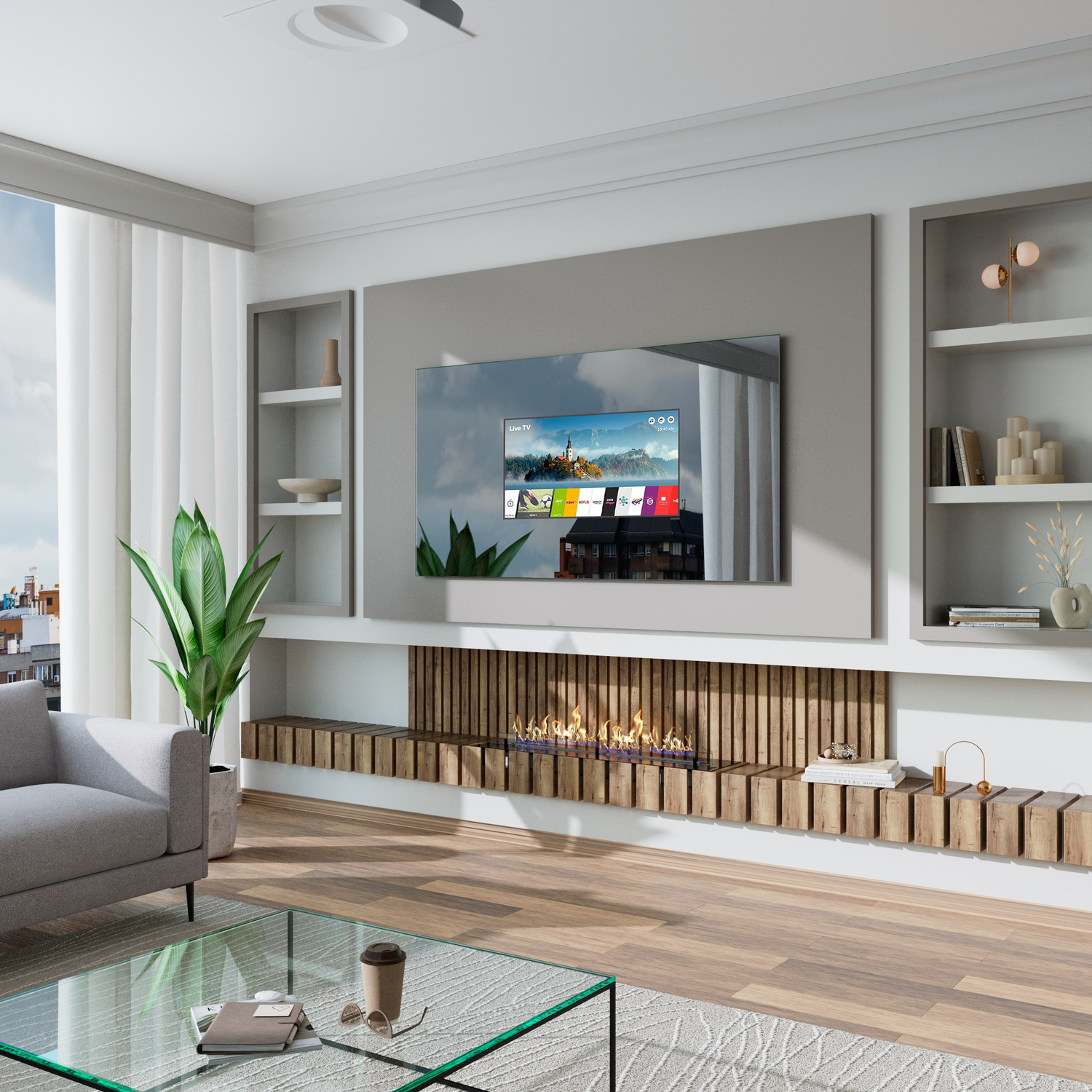 Badspiegel Modell Lambelle Rad mit abgerundeten Ecken und eingeschalteter LED-Beleuchtung, modernes Badezimmer mit Stadtblick durch großes Fenster.